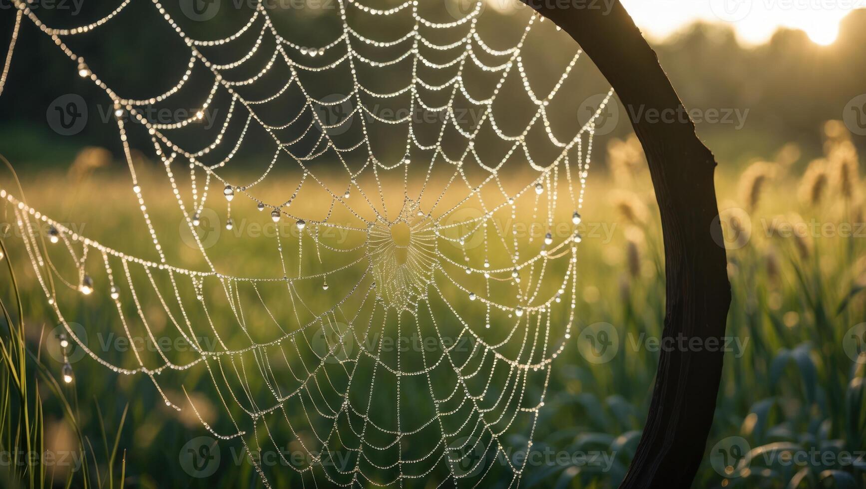 Spiderweb Covered in Dew Drops Shimmering in Early Morning Sunlight photo