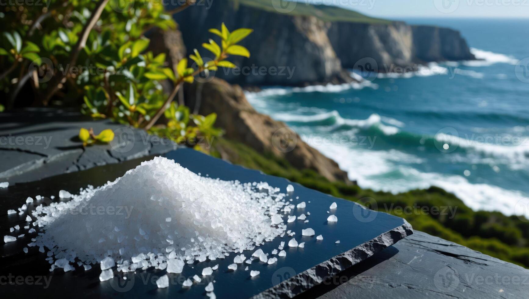 Salt Pile on Slate with Ocean Cliffs Backdrop Offers Sea Flavor photo