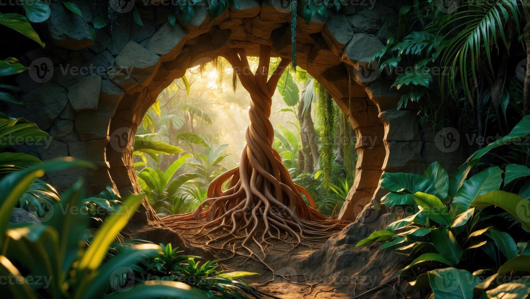 Twisted Tree Roots Framing Forest Scene Through Stone Archway photo