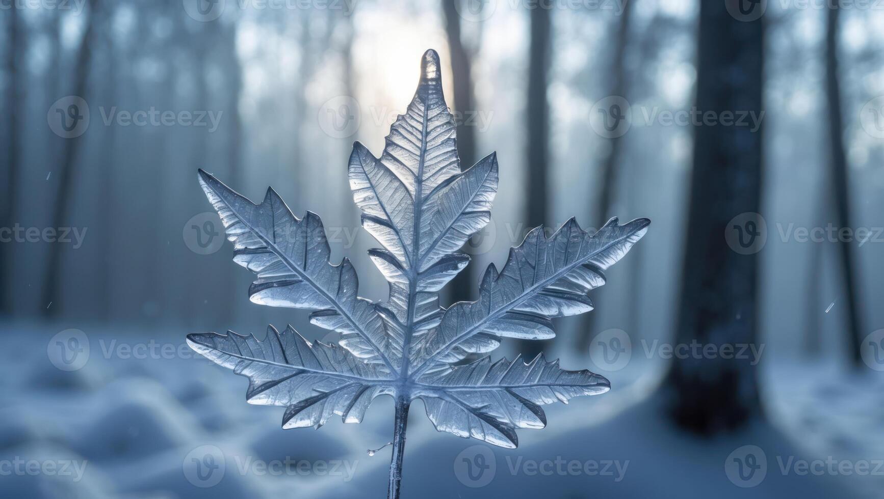Icy Leaf Sculpture Standing in Snowy Forest During Wintertime photo