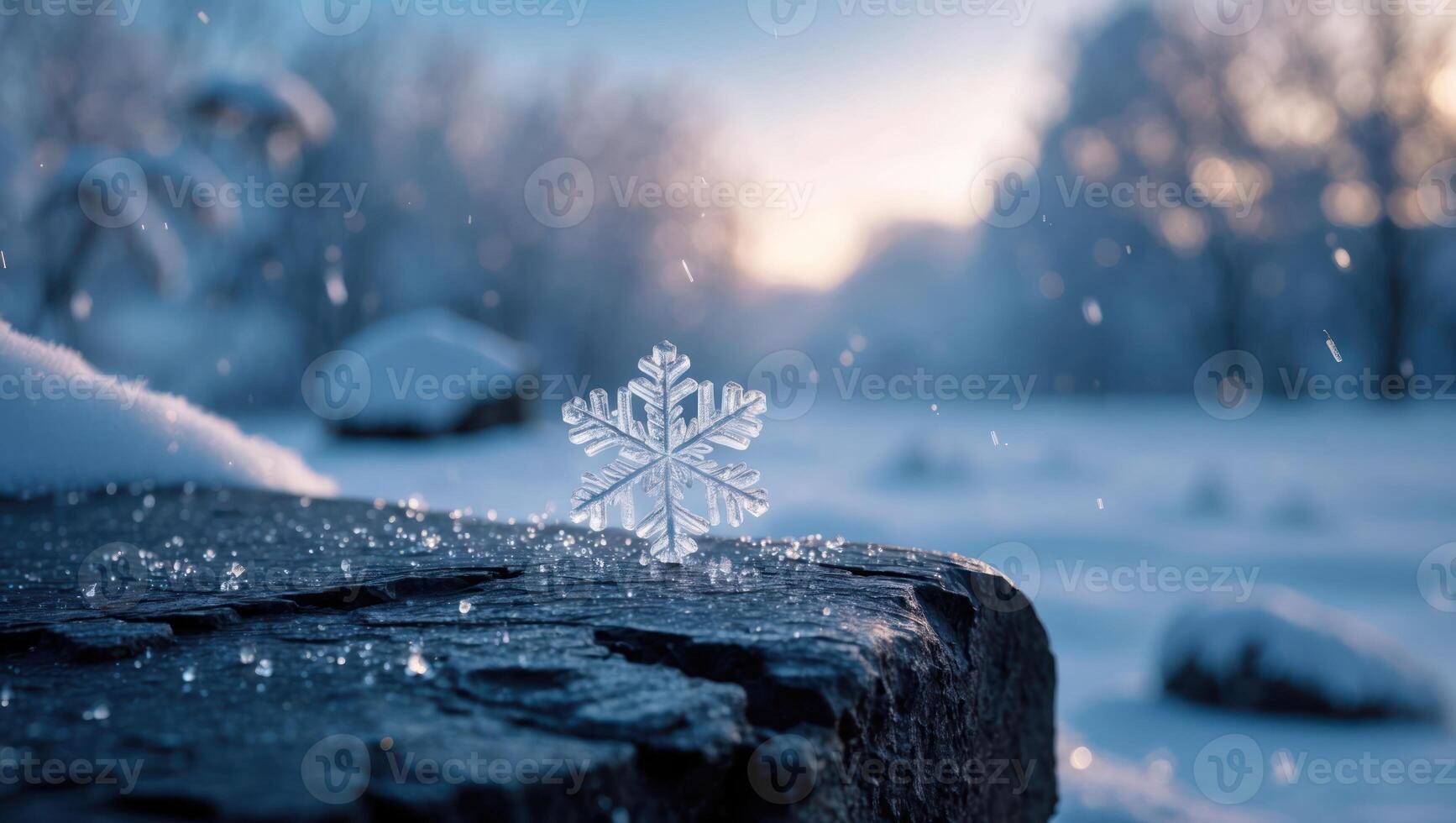 Crystal Snowflake on Rock in Winter Landscape with Falling Snow photo
