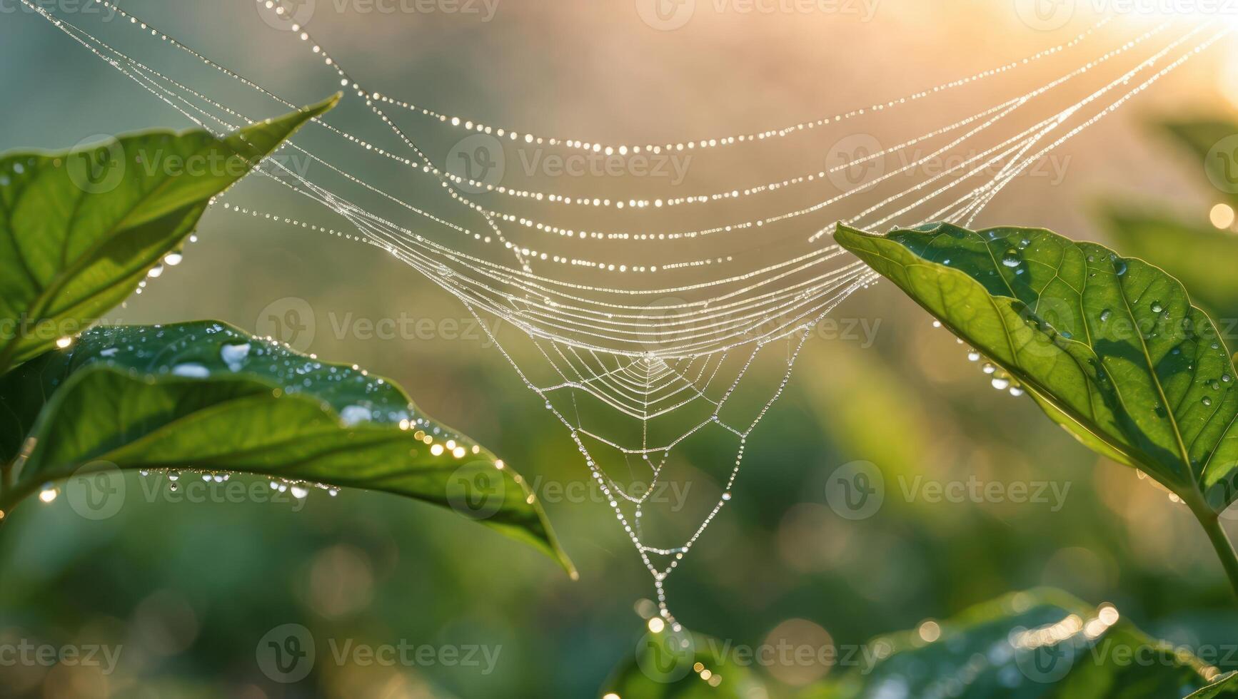 Spiderweb Covered in Morning Dew Drops Connecting Green Leaves photo