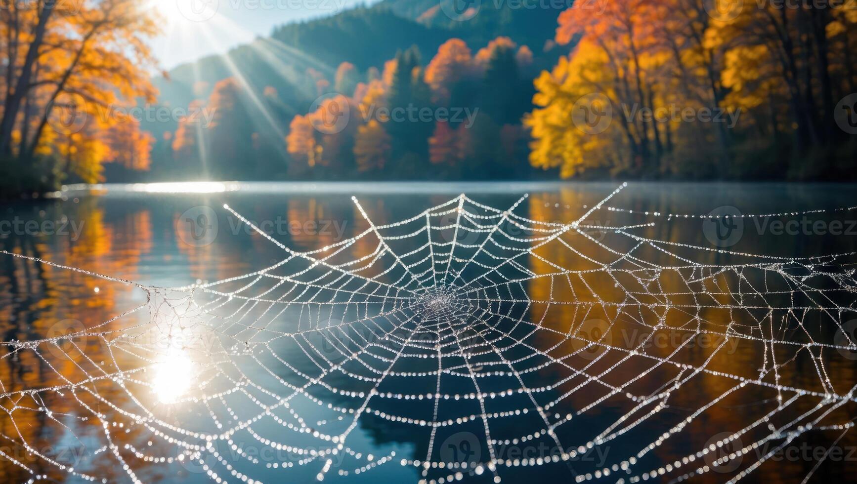 Spiderweb Covered in Dew Over Lake with Fall Foliage Reflection photo