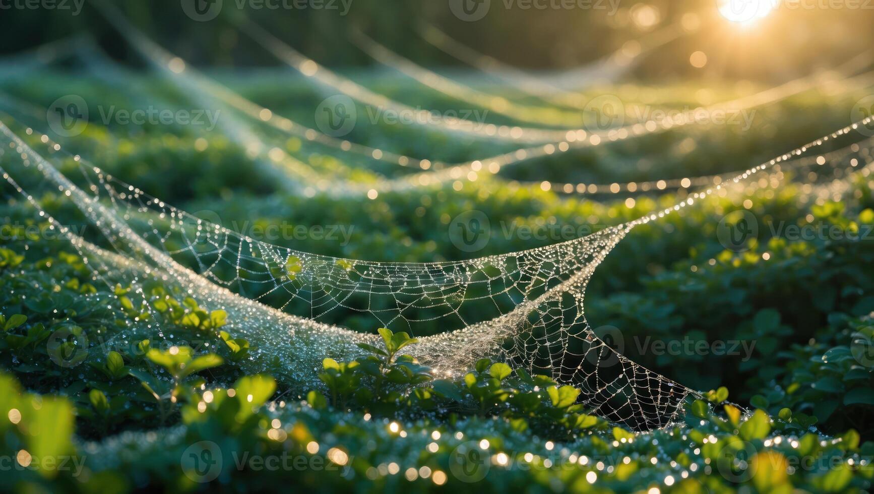 Spiderweb Covered in Morning Dew Drops Sparkling in Sunlight photo