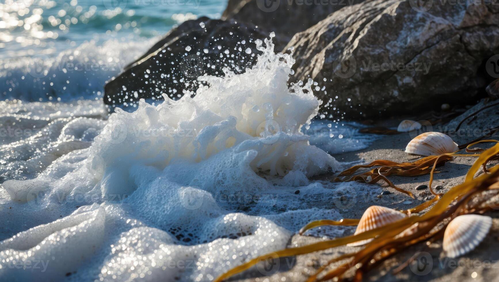 Ocean Wave Crashing Onto Shore with Rocks and Seashells Closeup photo