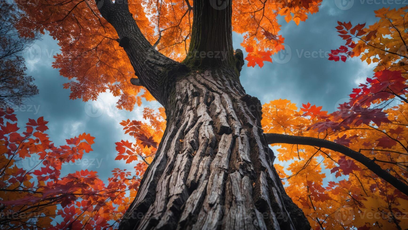 Looking Up at Colorful Autumn Tree Canopy Against Overcast Sky photo