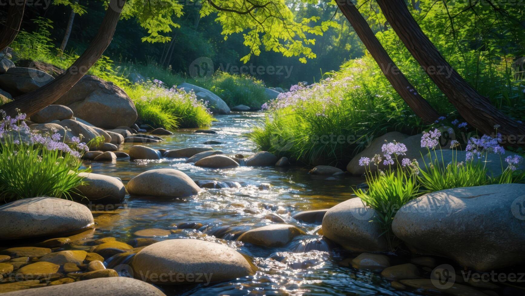Flowing Stream with Rocks and Wildflowers in a Peaceful Forest photo