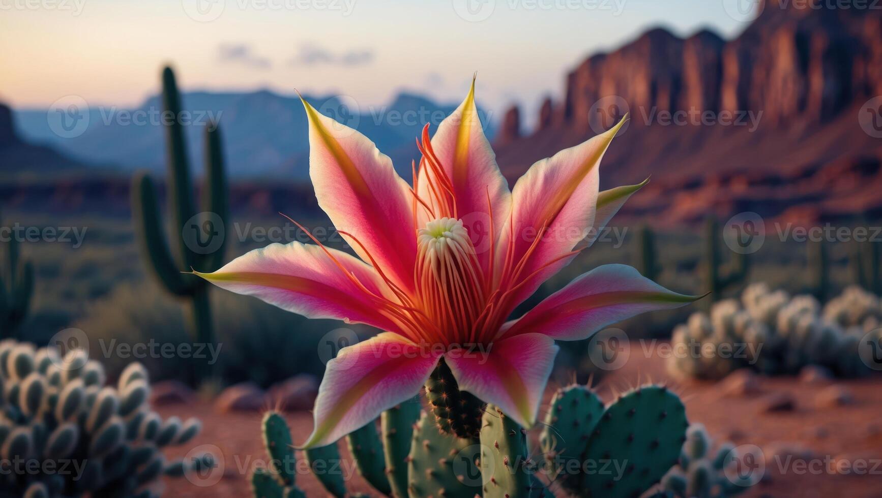 Blooming Cactus Flower in Desert Landscape at Dusk with Soft Colors photo