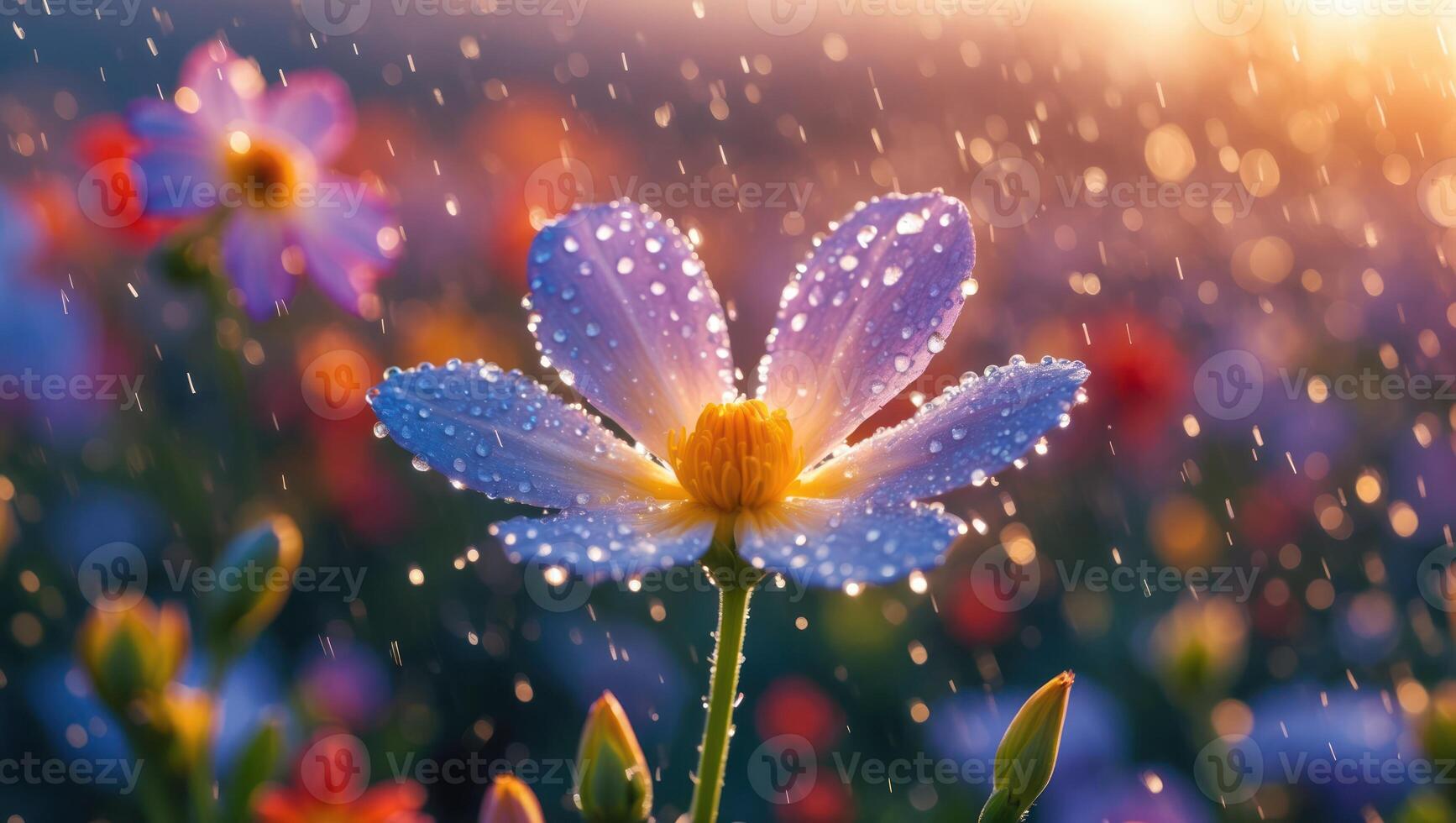Close-up of Flower in Rain Shower with Bokeh Light and Details photo