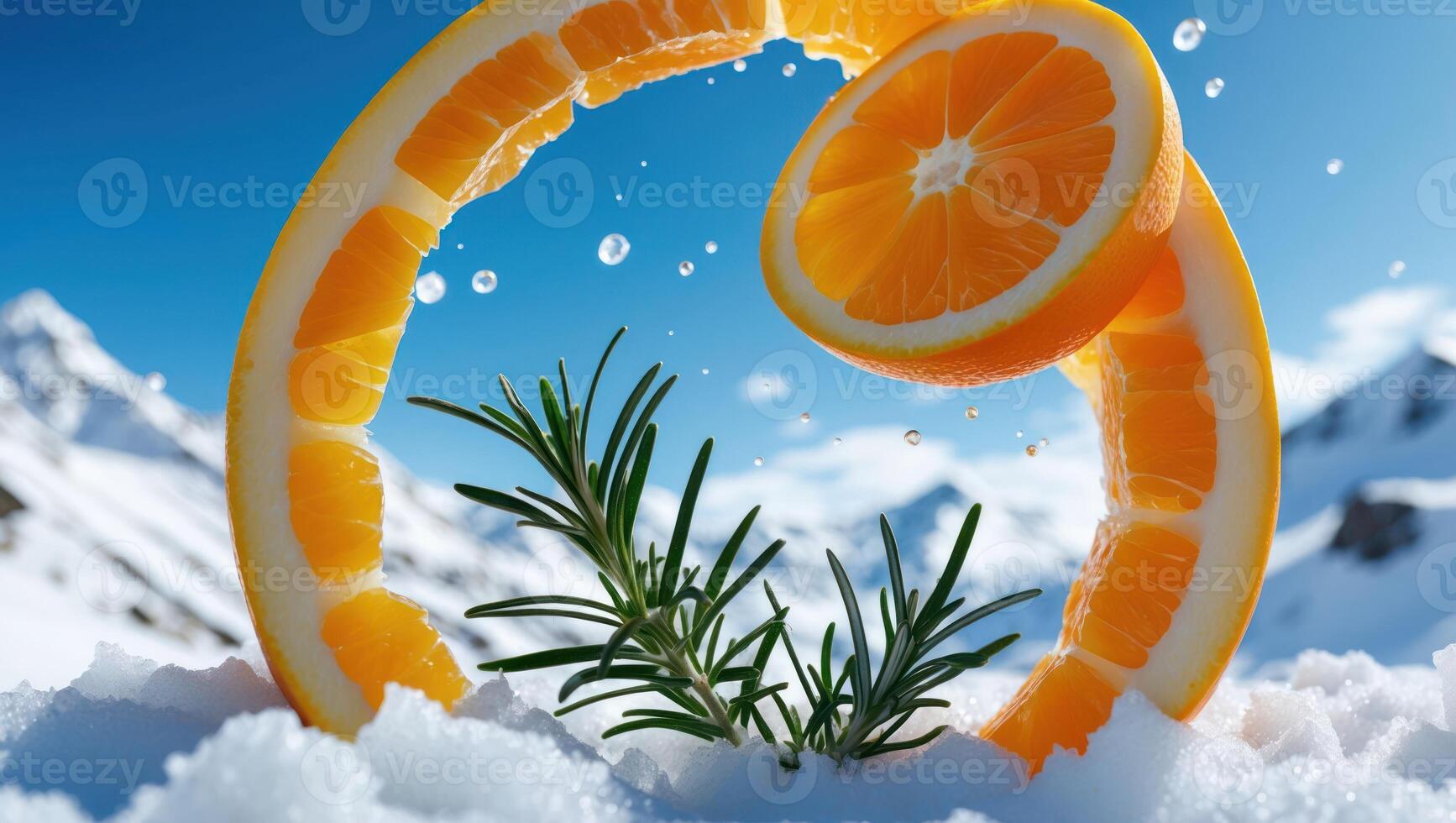 Orange Slices and Rosemary in Snowy Mountain Landscape Refreshment photo