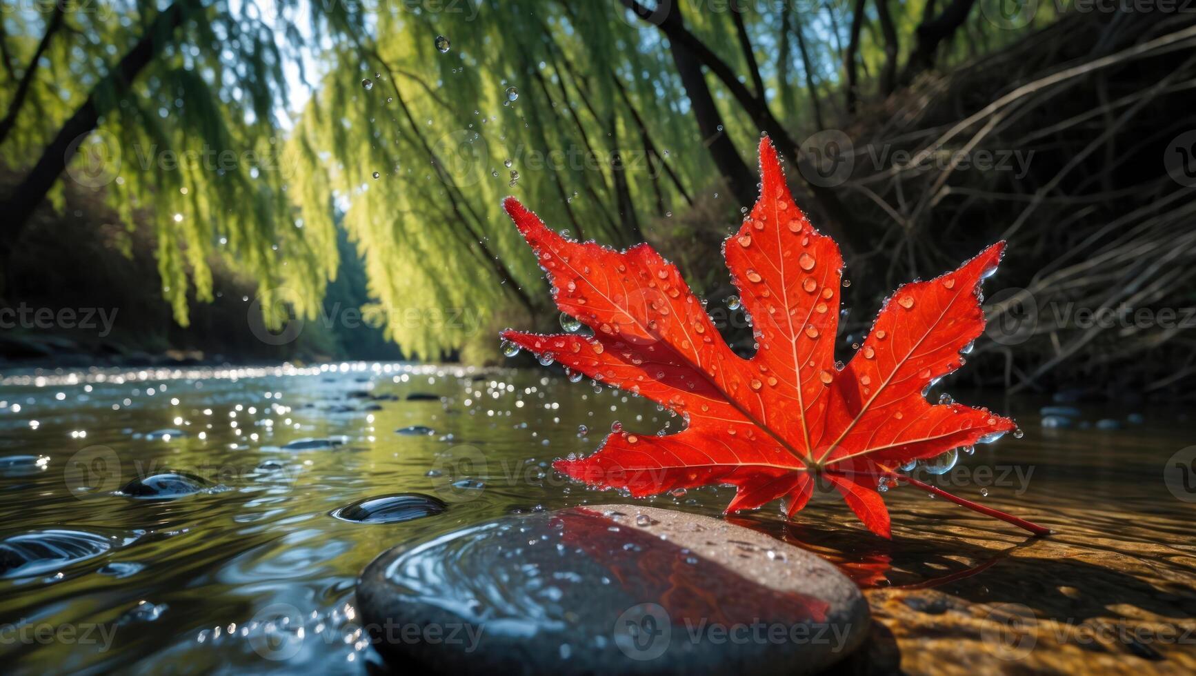 Red Maple Leaf Resting on Rock by Stream with Water Droplets photo
