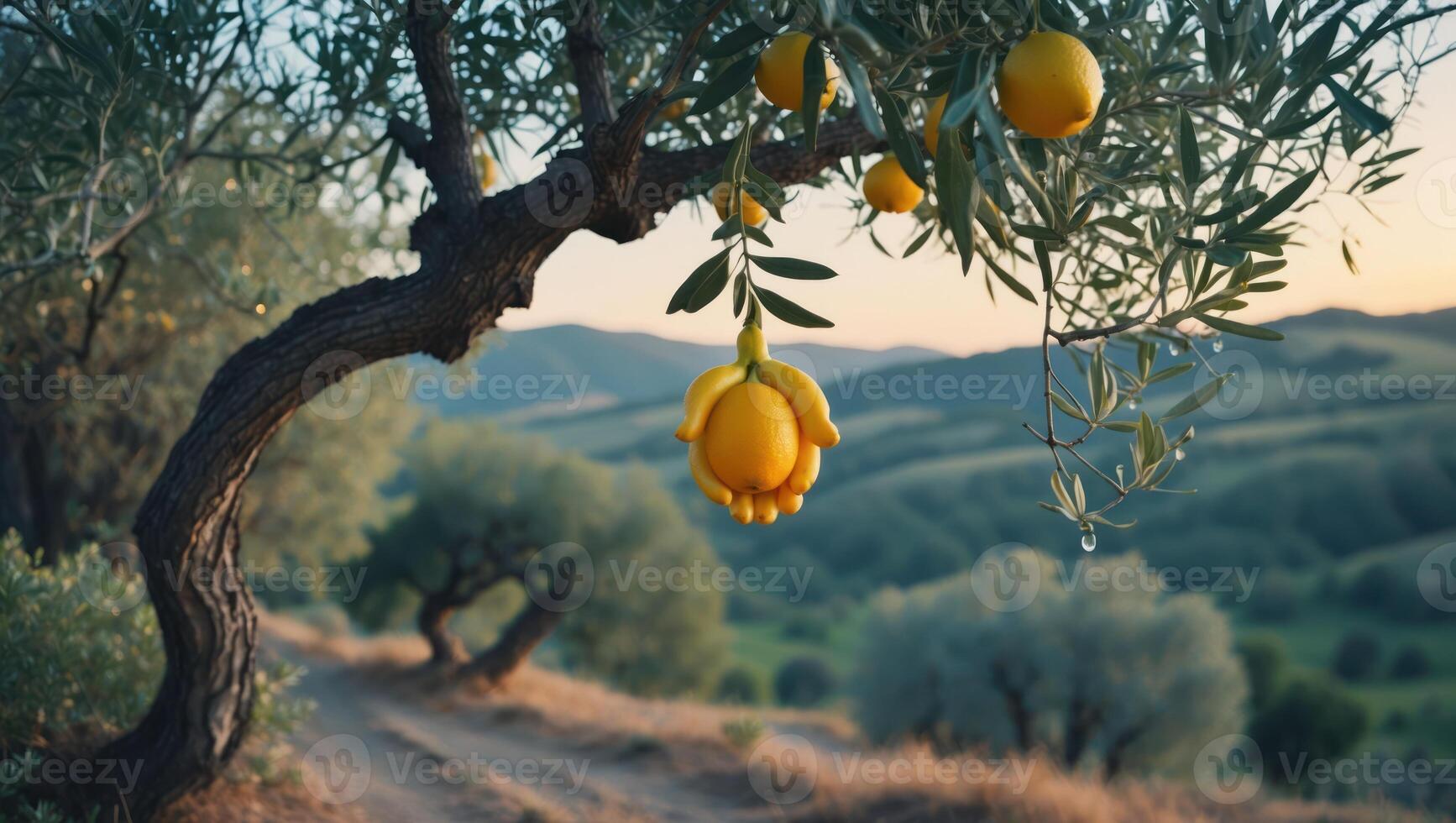 Citron Hanging From Tree with Rural Landscape in Background photo