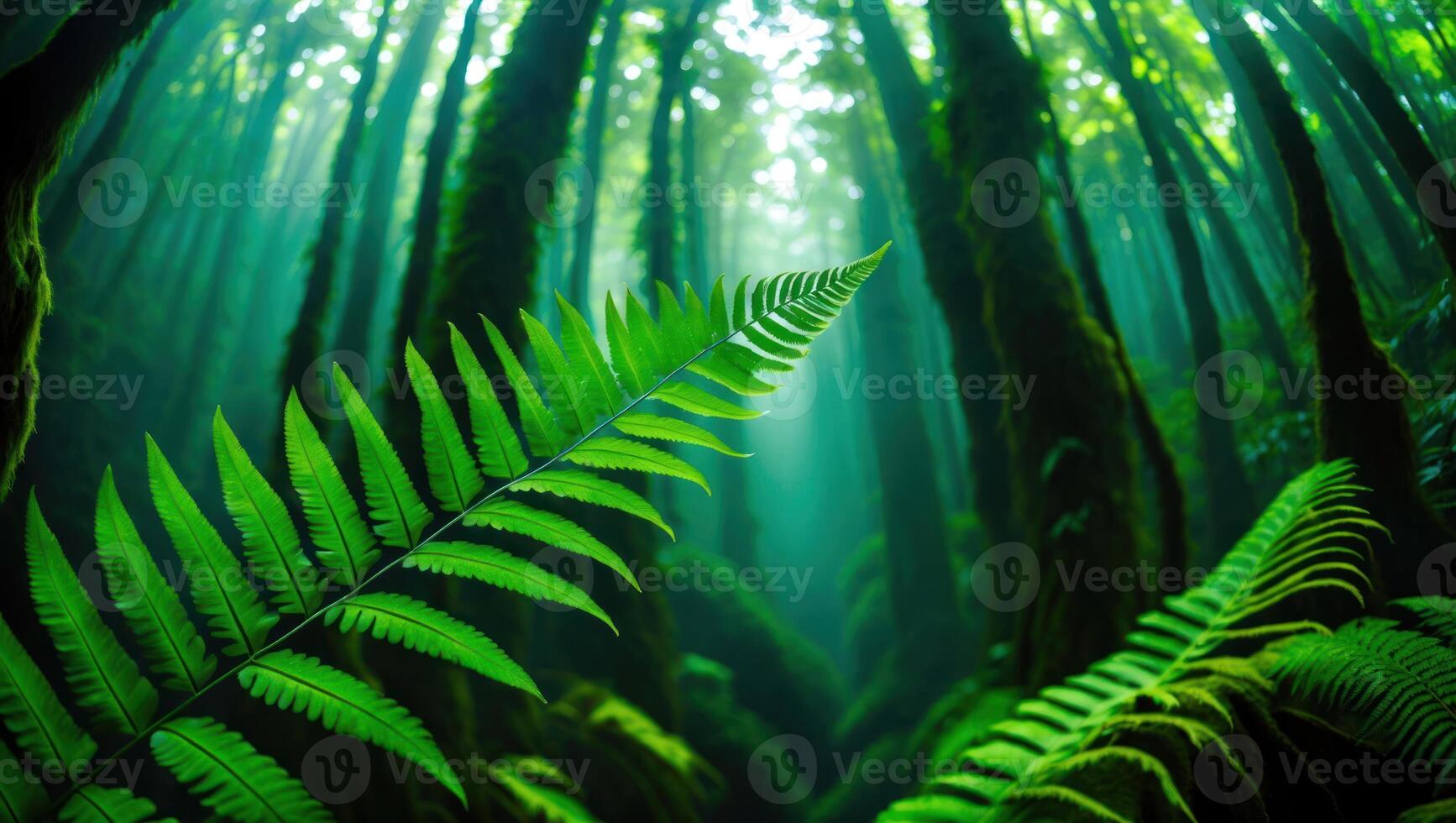 Fern Frond in Lush Green Forest with Sun Rays Shining Through photo