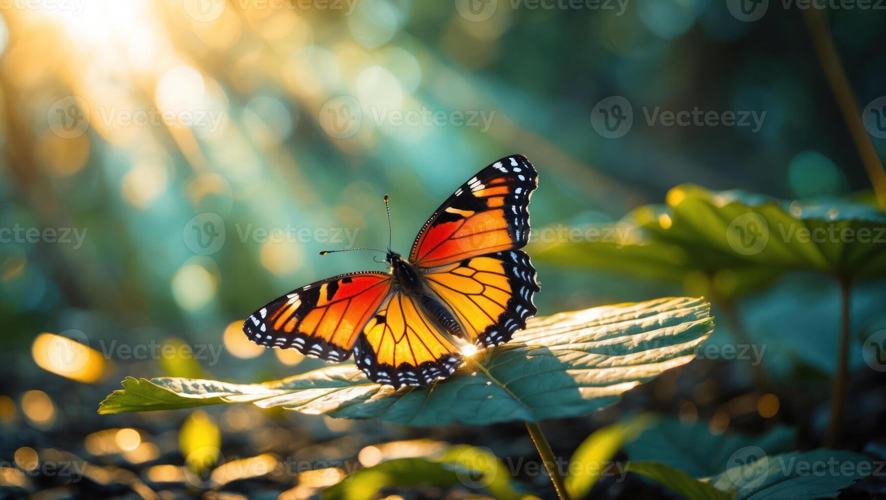 Resting Butterfly on Green Leaf in Forest with Sunlight Filtering Through photo