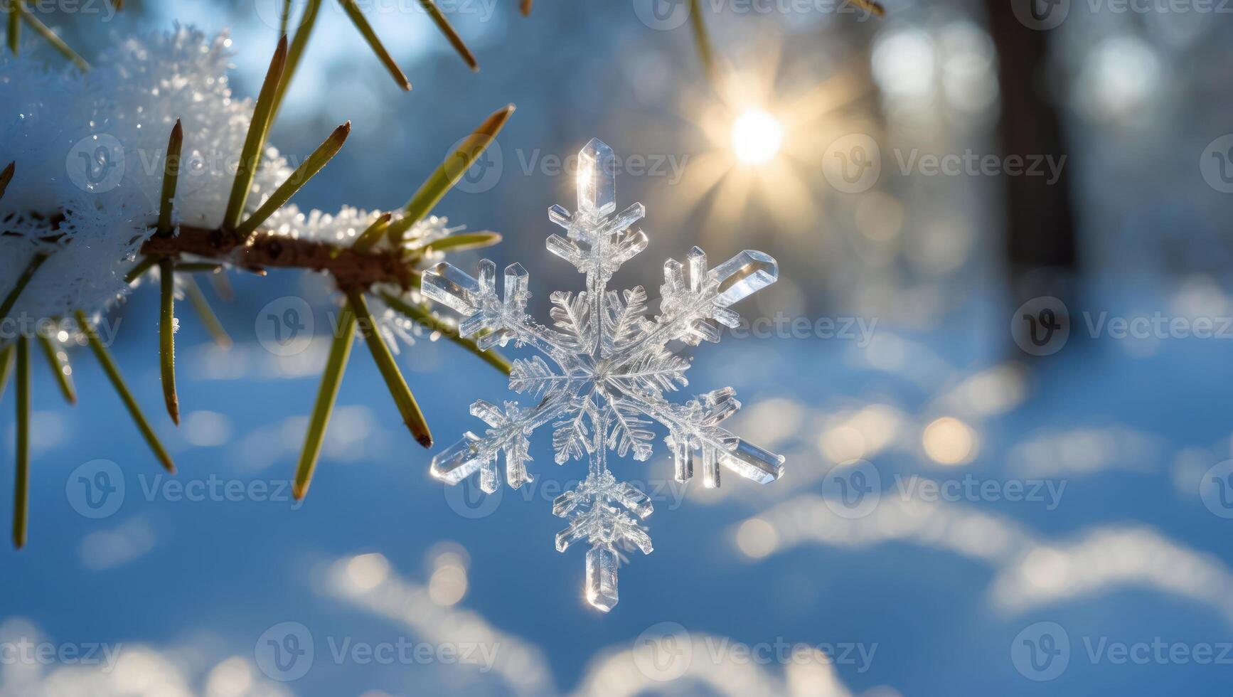 Snowflake on a Pine Branch with Sunlight Glinting in Winter photo