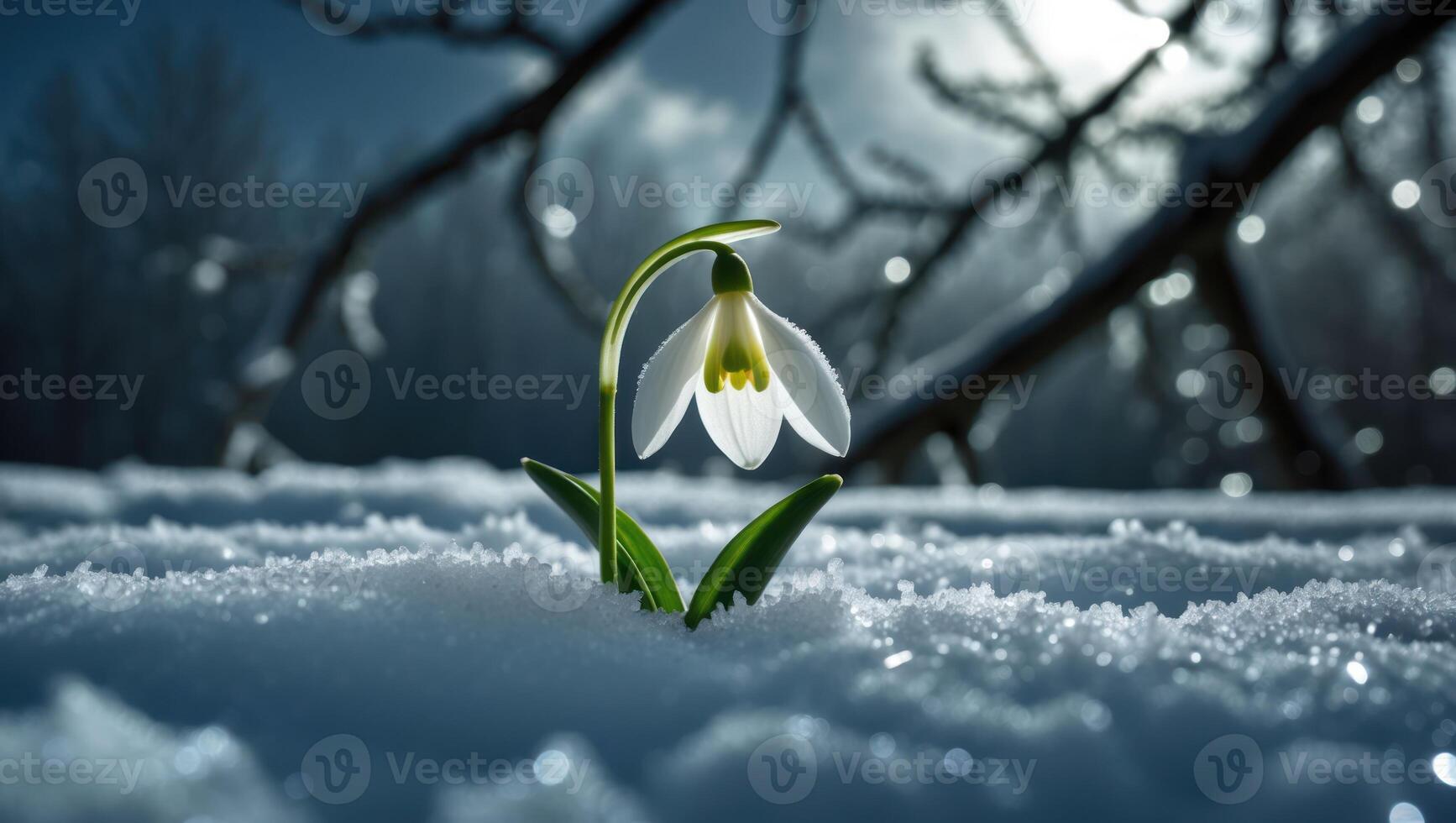 Snowdrop Flower Emerging Through Snow a Symbol of Springtime photo