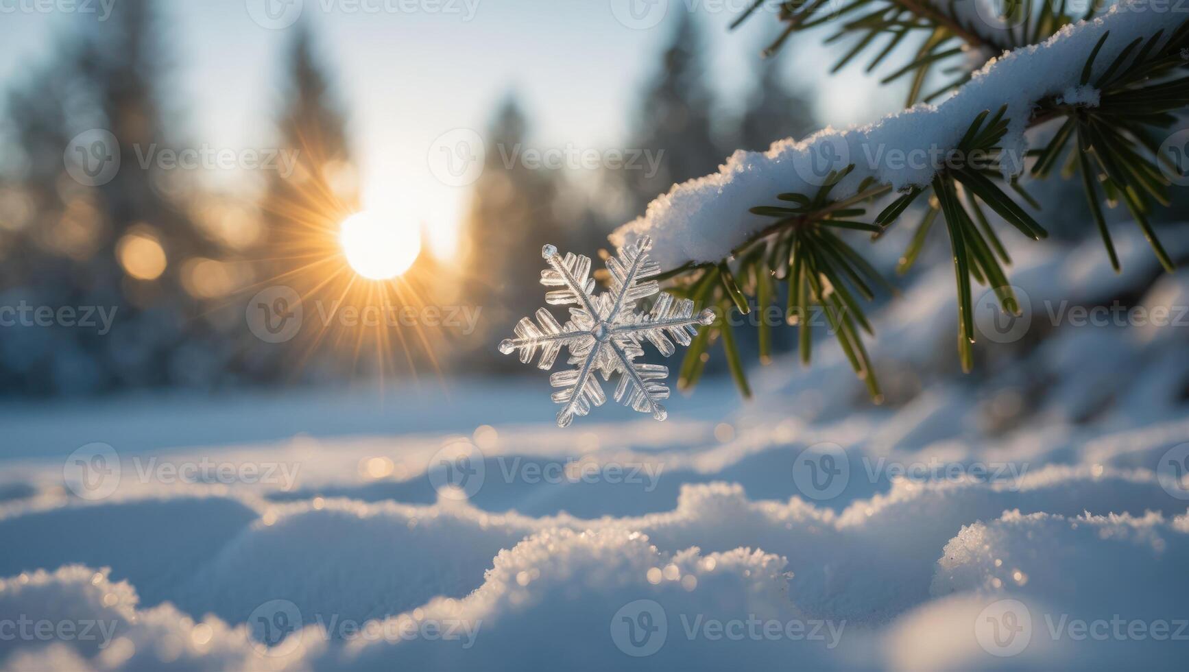 Snowflake on Snowy Pine Branch Shimmers in Winter Sunlight Landscape photo