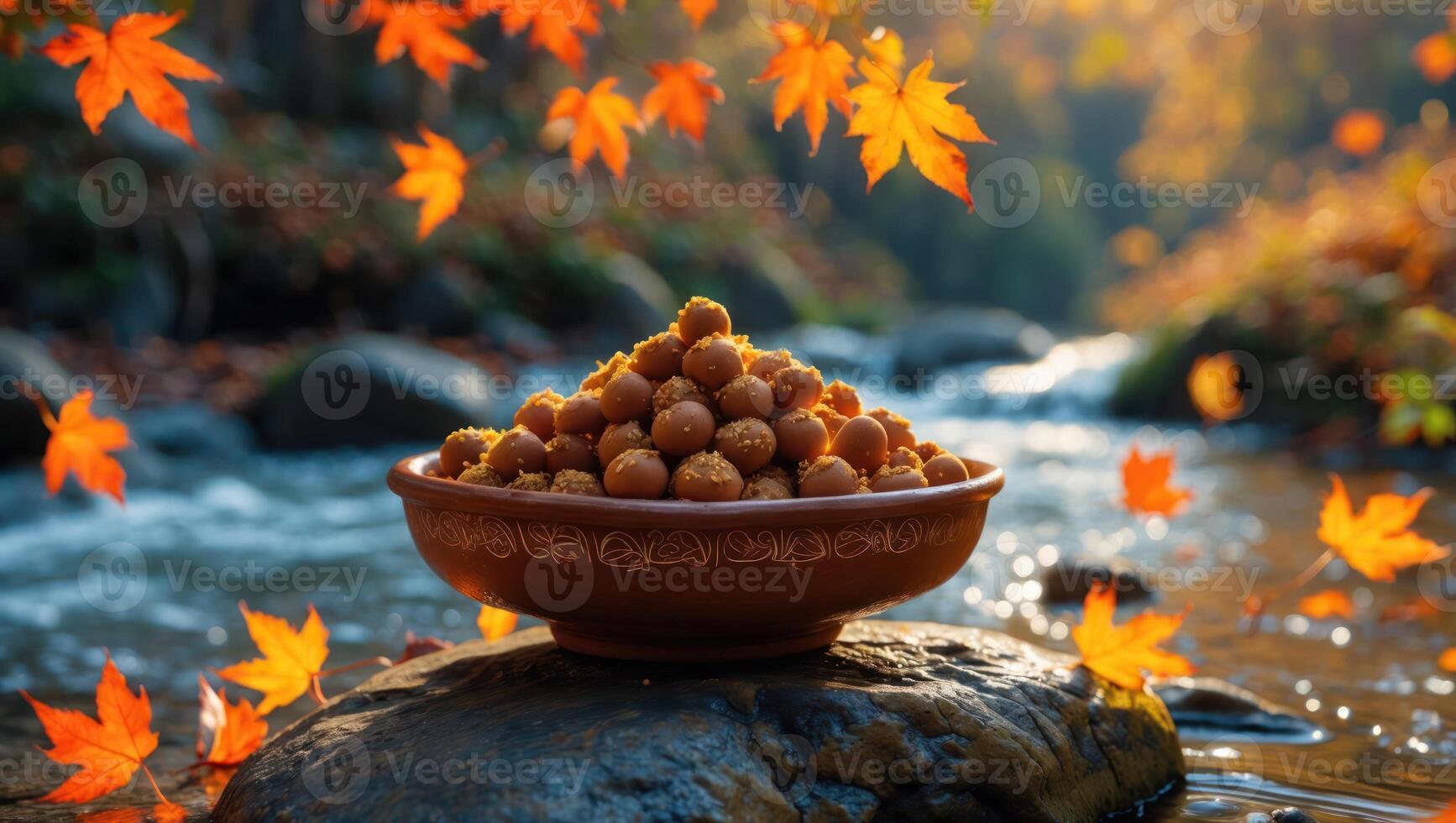 Bowl of Sweets in Autumn Landscape by Stream with Maple Leaves photo