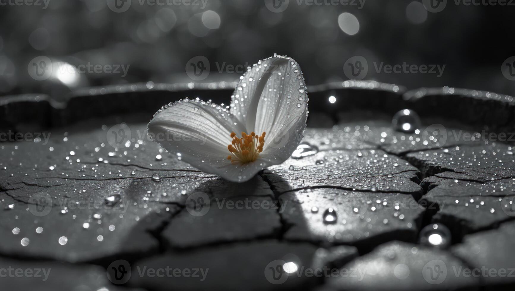 Lone Flower with Water Droplets on Cracked Ground in Monochrome photo