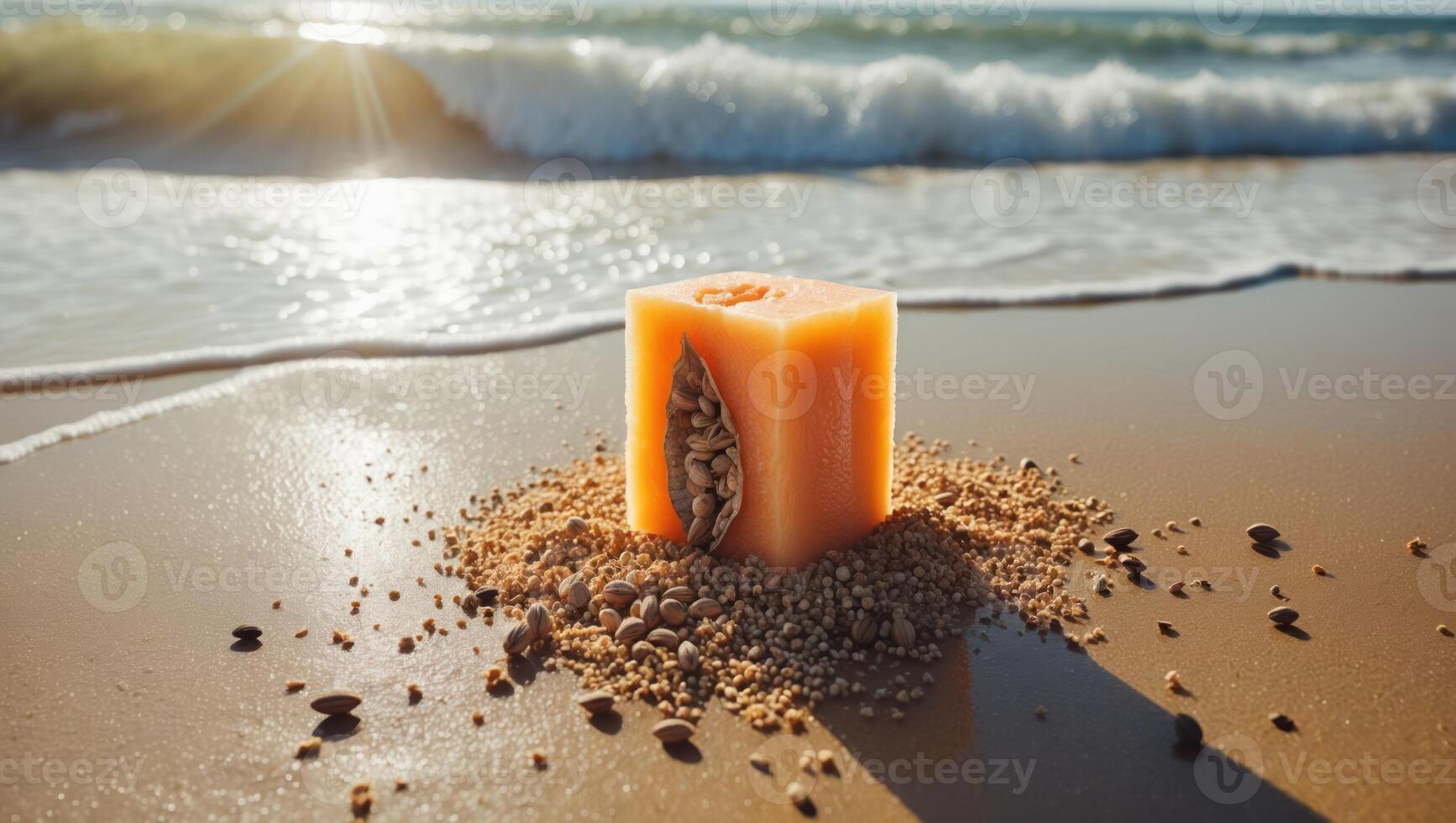 Cube Shape on Beach Sand with Ocean Waves in Background photo