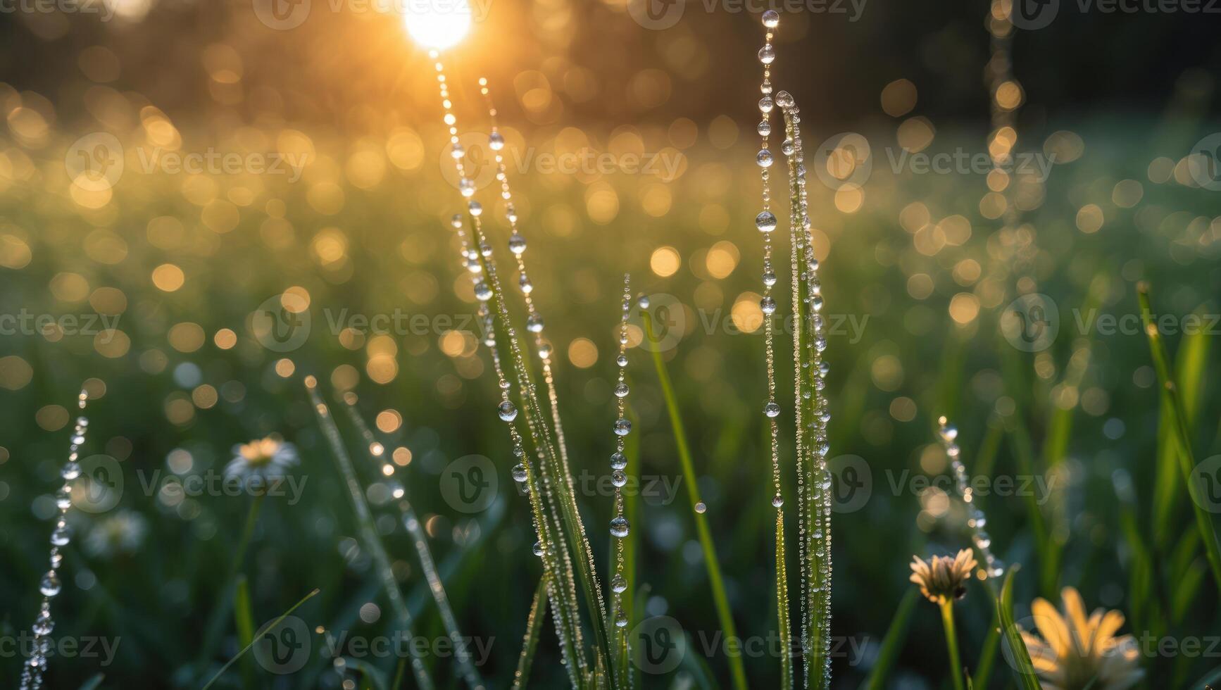 Dew Drops on Grass Sparkling in Early Morning Sunlight Scenery photo