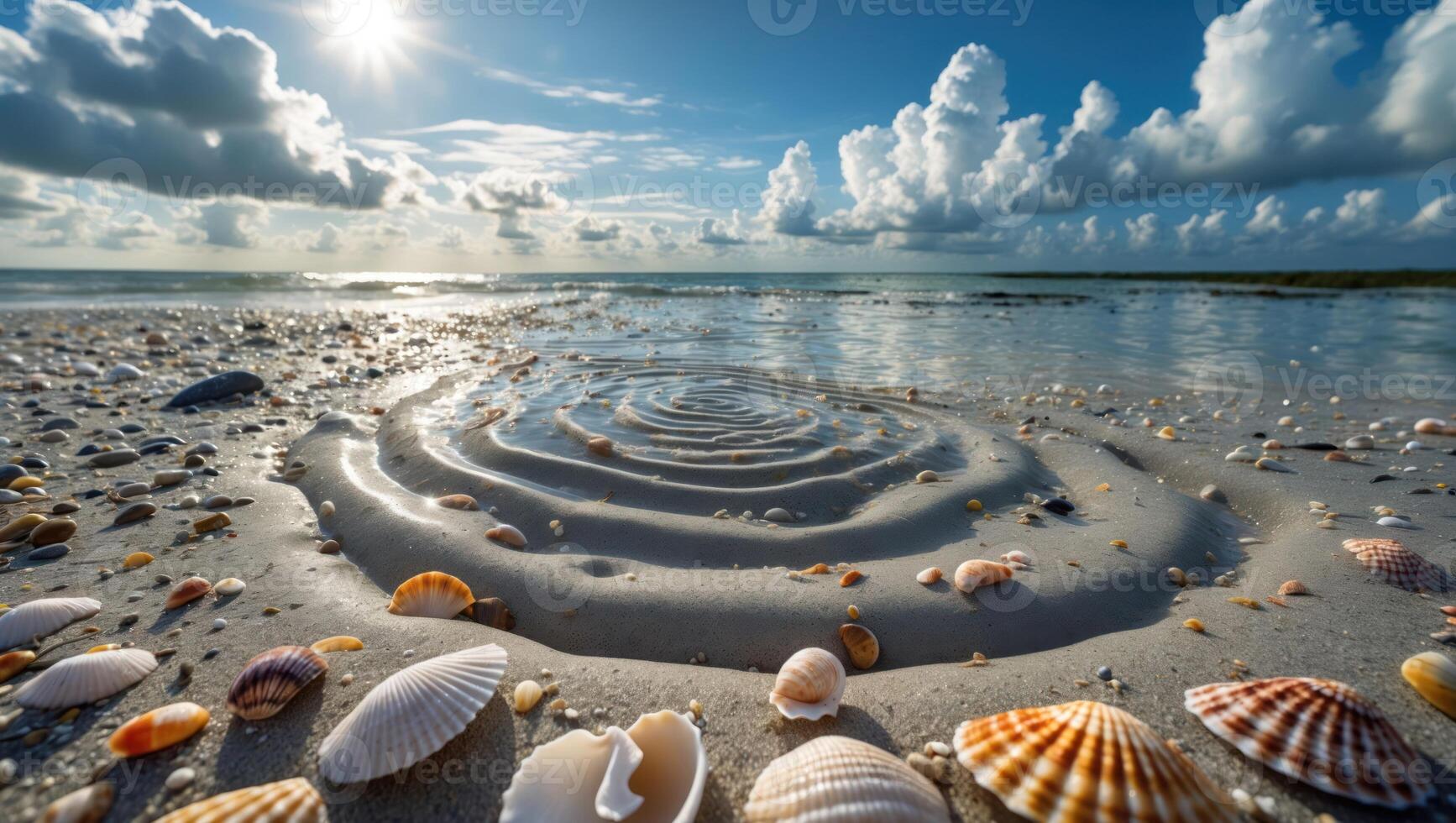 Seashells and Ripples on Sandy Beach with Blue Sky and Clouds photo