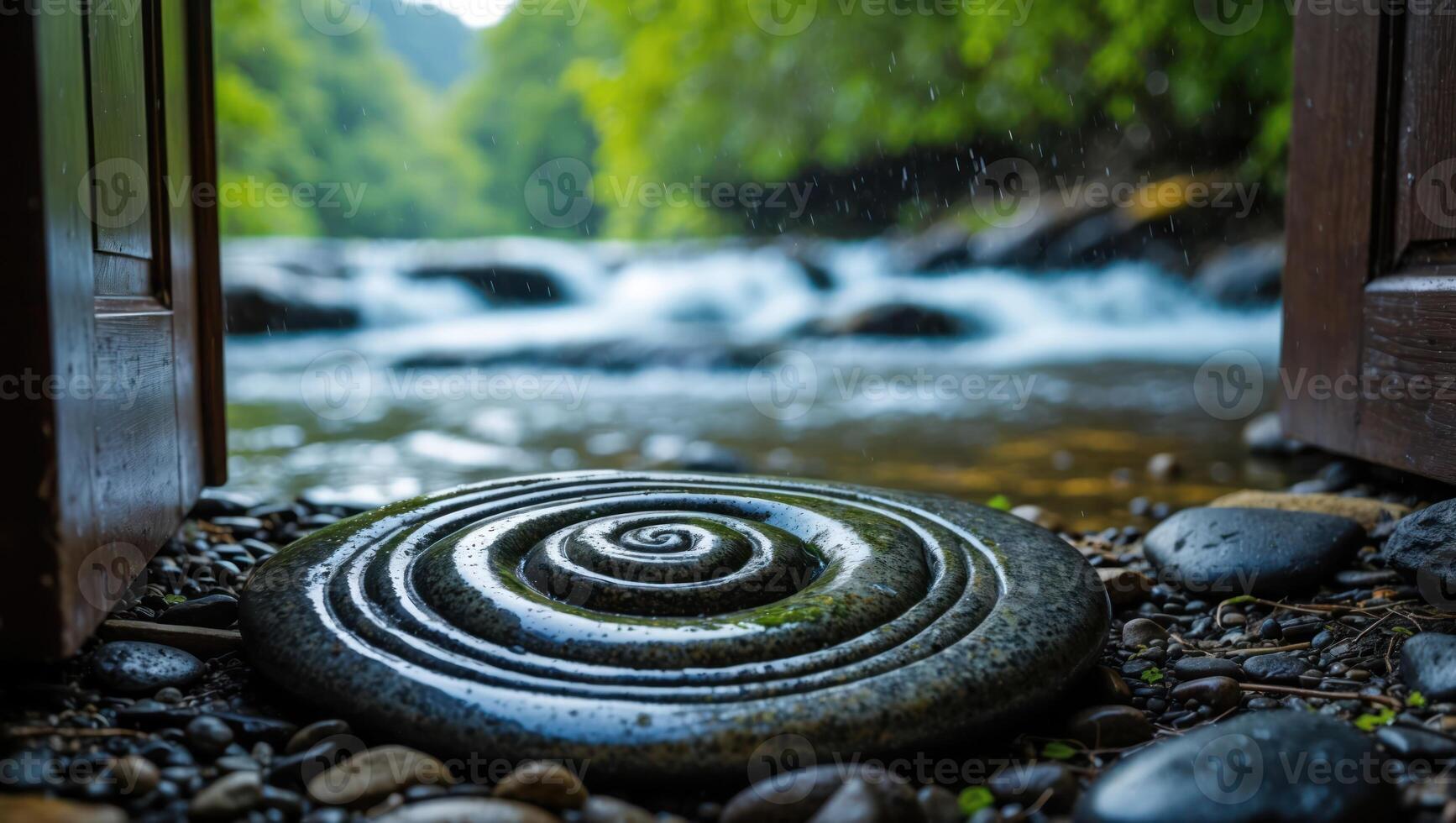 Stone with Spiral Pattern at River's Edge Opens to Nature View photo