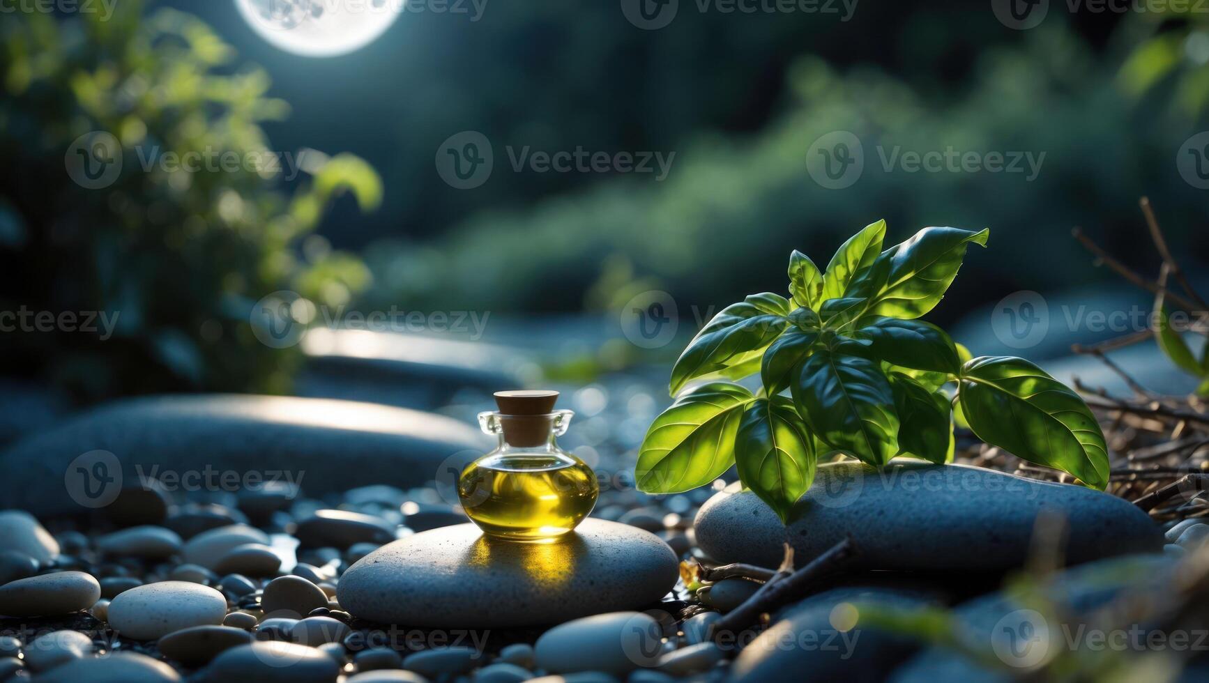 Small Bottle with Oil and Basil Leaves on Riverbed Stones photo