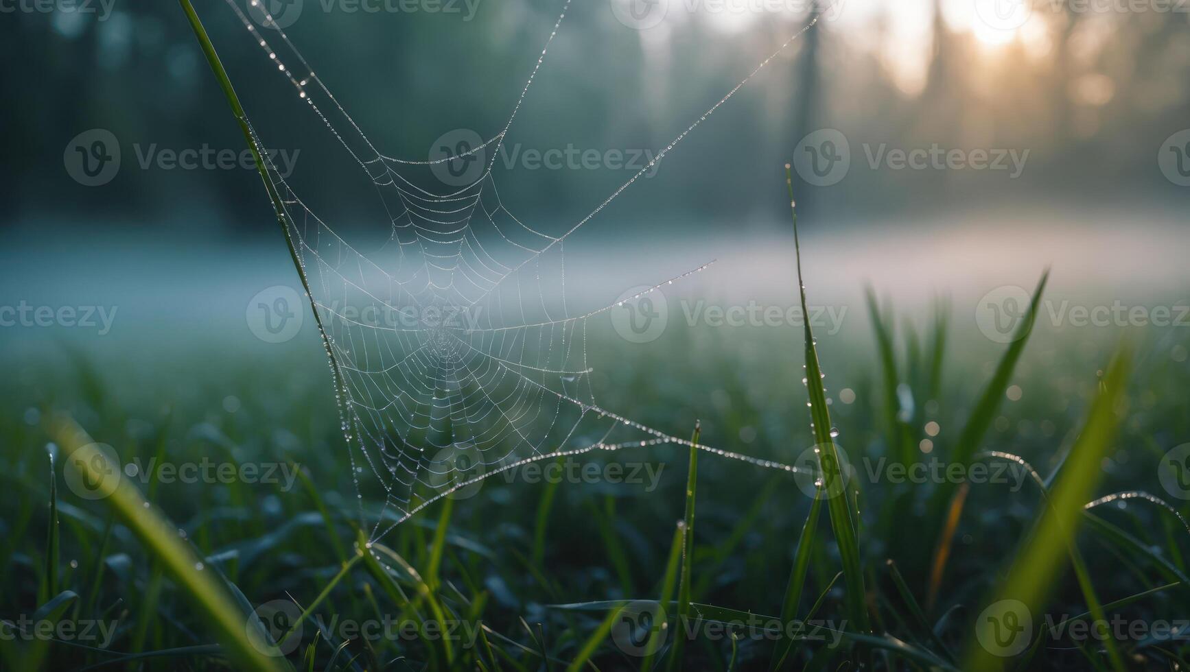 Spiderweb Covered in Dew on a Foggy Morning in Grassy Field photo