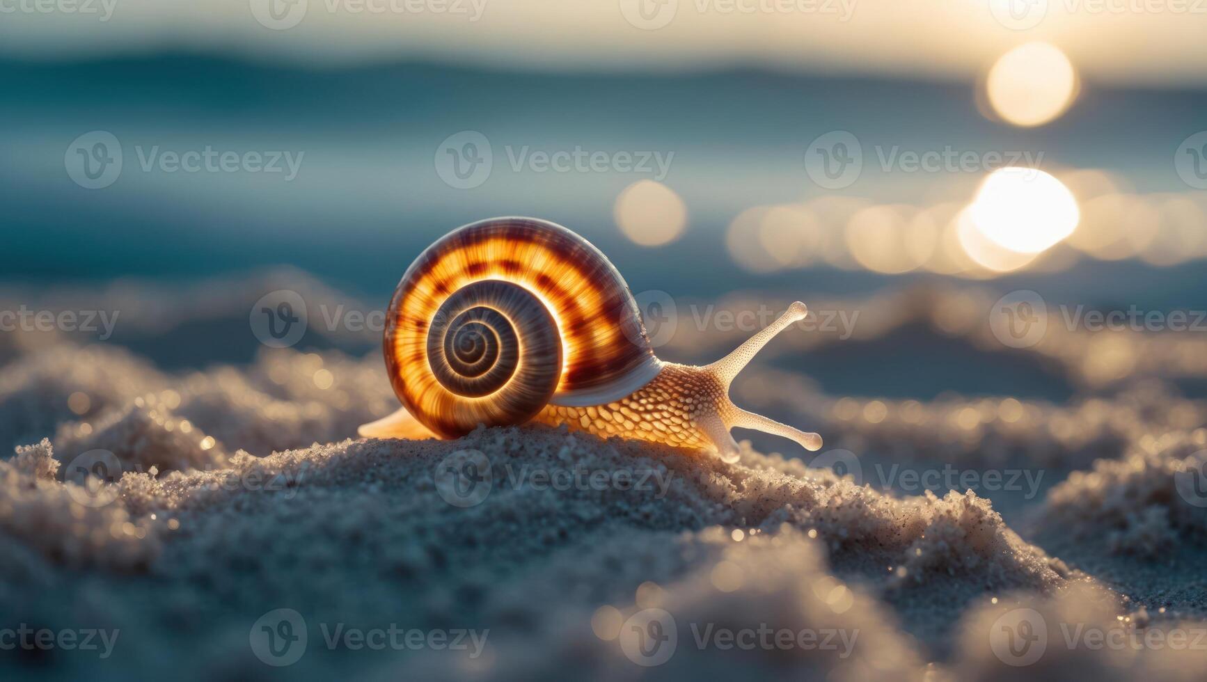 Snail Crawling on Sandy Beach at Sunset Reflecting Warm Light photo
