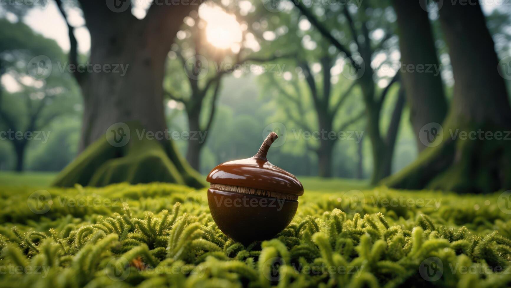 Acorn Ornament on Mossy Ground in Forest Setting with Sunlight photo
