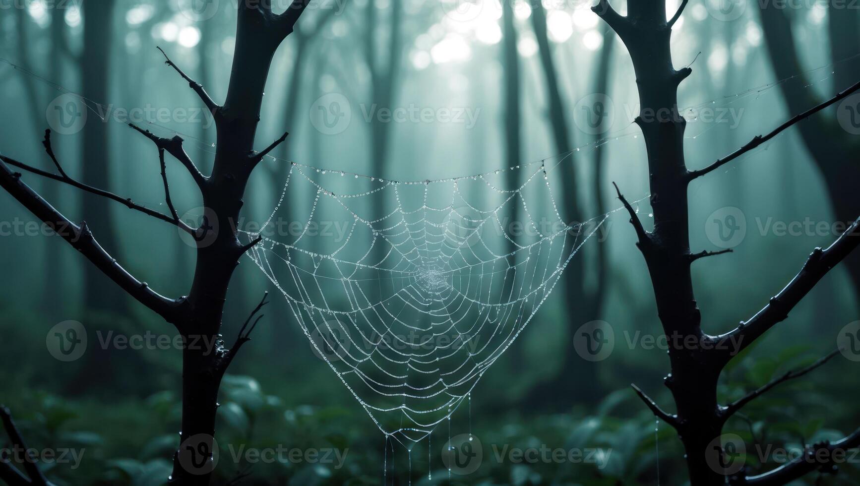 Spiderweb Hanging Between Trees in Foggy Forest with Water Droplets photo