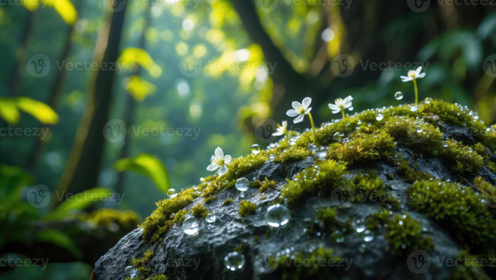 Tiny Flowers on Mossy Rock with Dew Drops in Forest Light photo