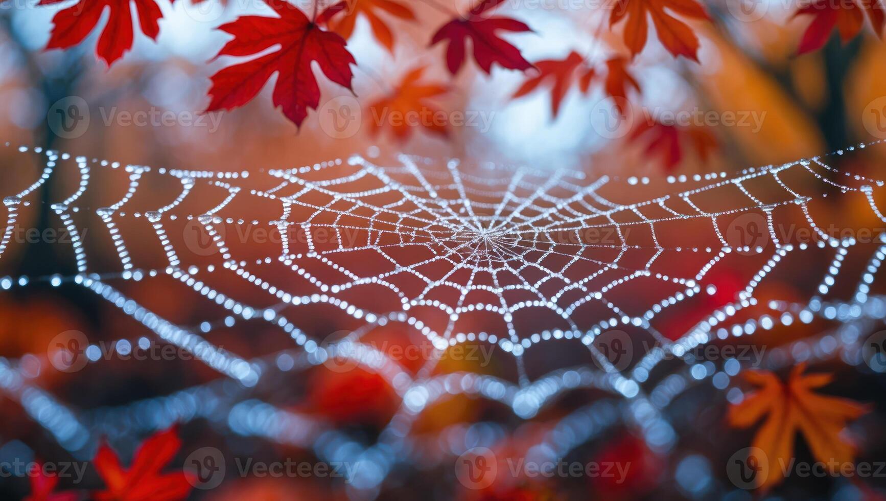 Spiderweb Covered in Dew Drops Amidst Colorful Autumn Leaves photo
