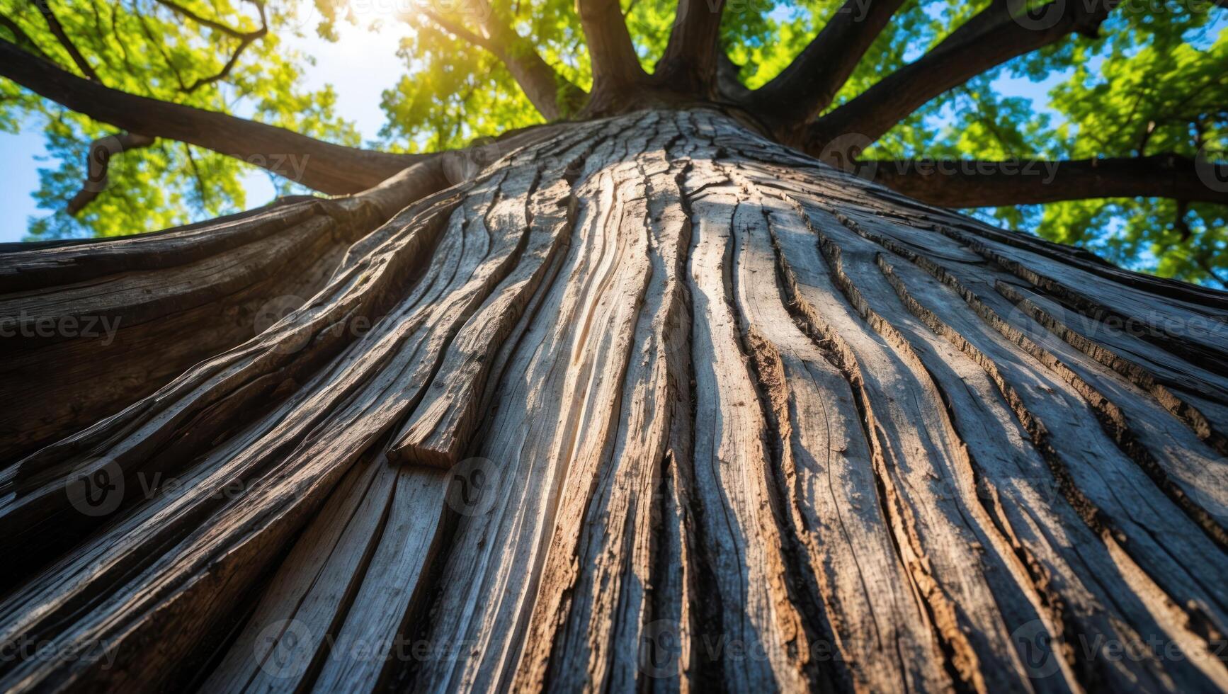 Looking Up at Large Tree with Textured Bark and Sunlight photo