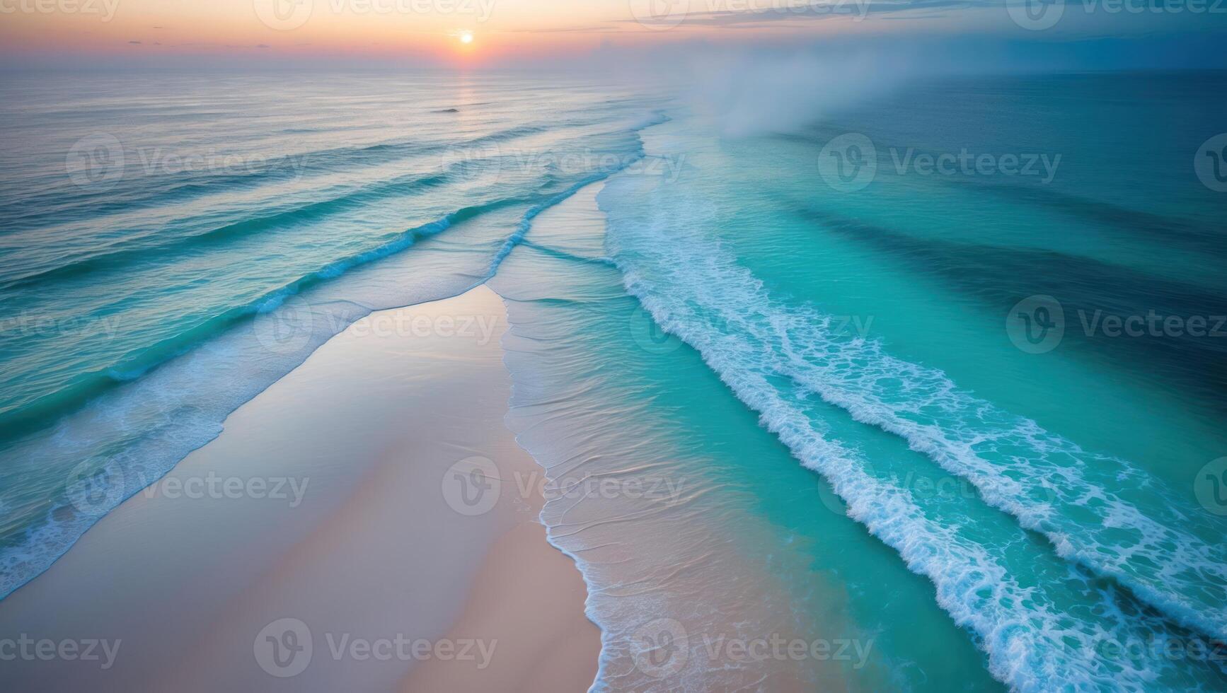 Beach at Sunrise Ocean Waves Lapping on Shoreline Serene Coastal View photo