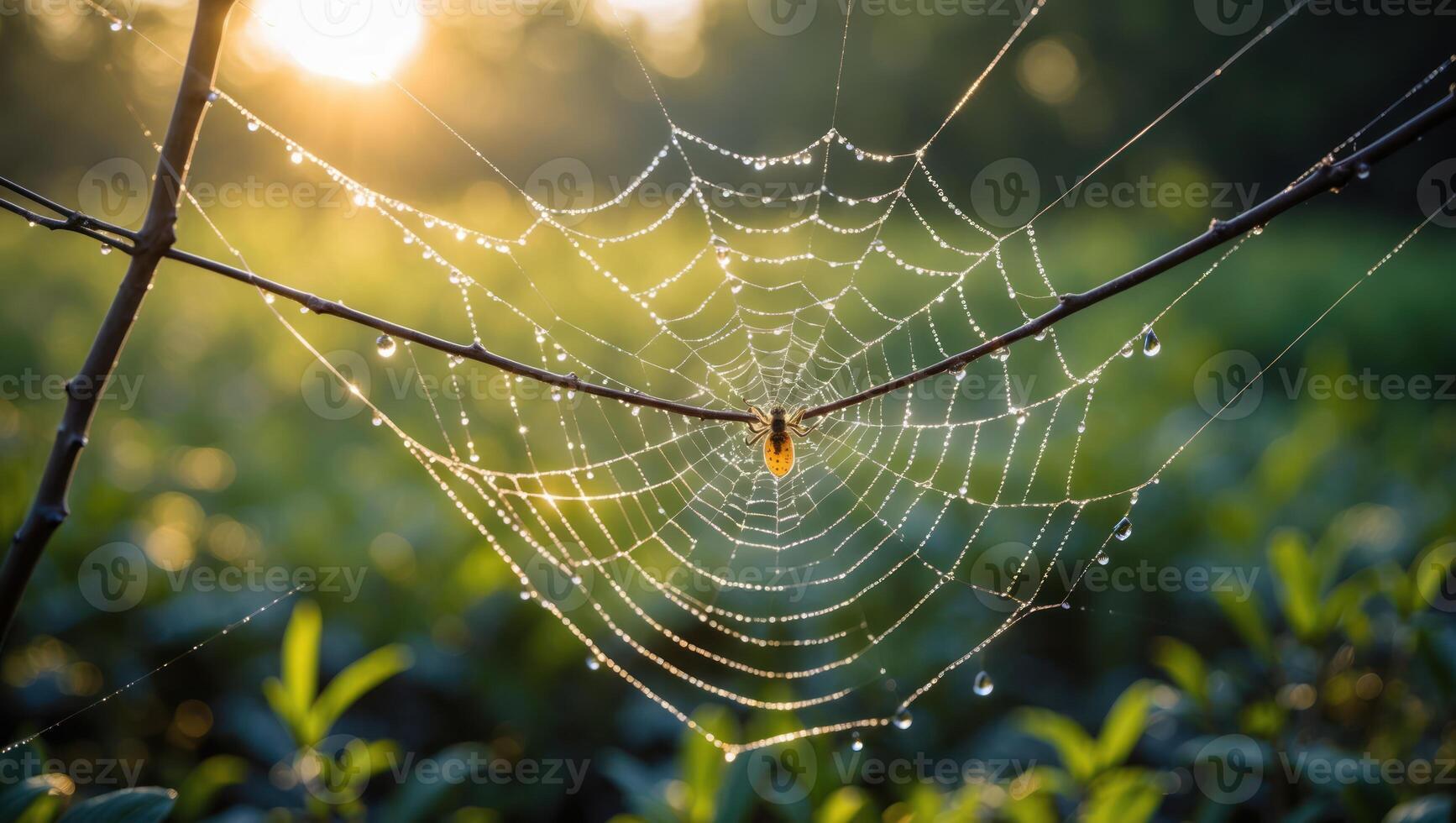 Spiderweb Covered in Dew Drops Shines in the Morning Light photo