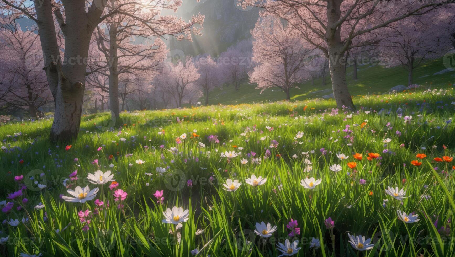 Blooming Meadow with Spring Flowers and Blossoming Trees in Sunlight photo