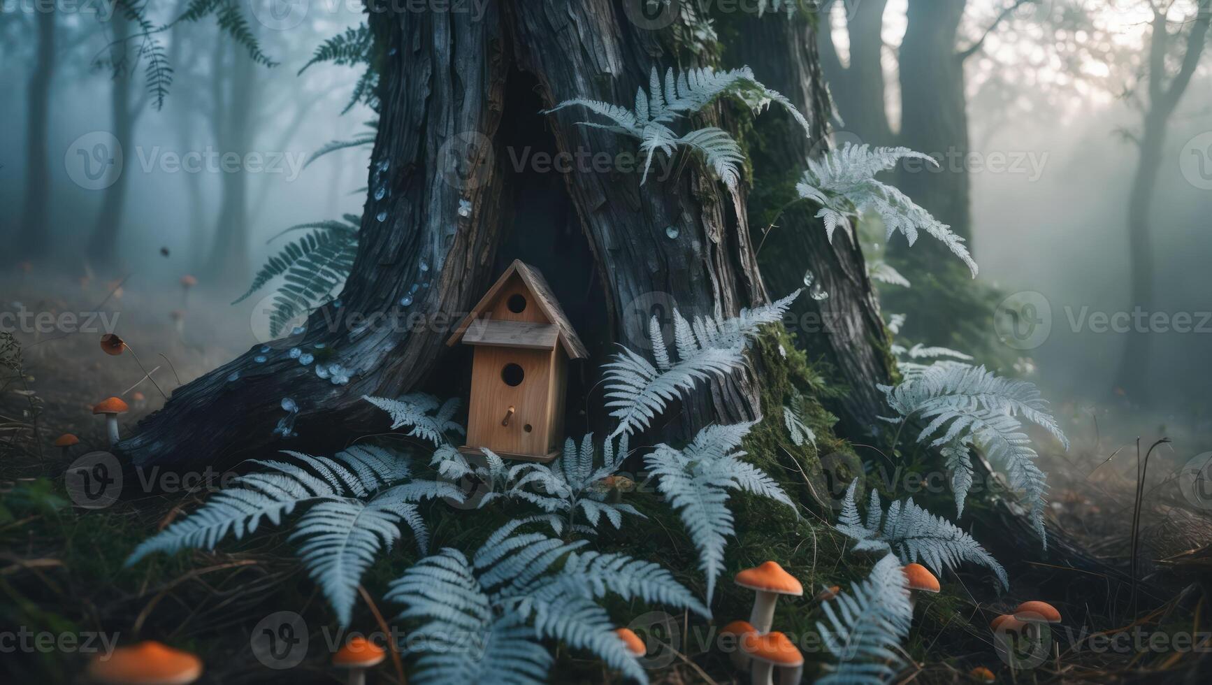 Birdhouse by Tree Surrounded by Ferns and Mushrooms in Foggy Forest photo