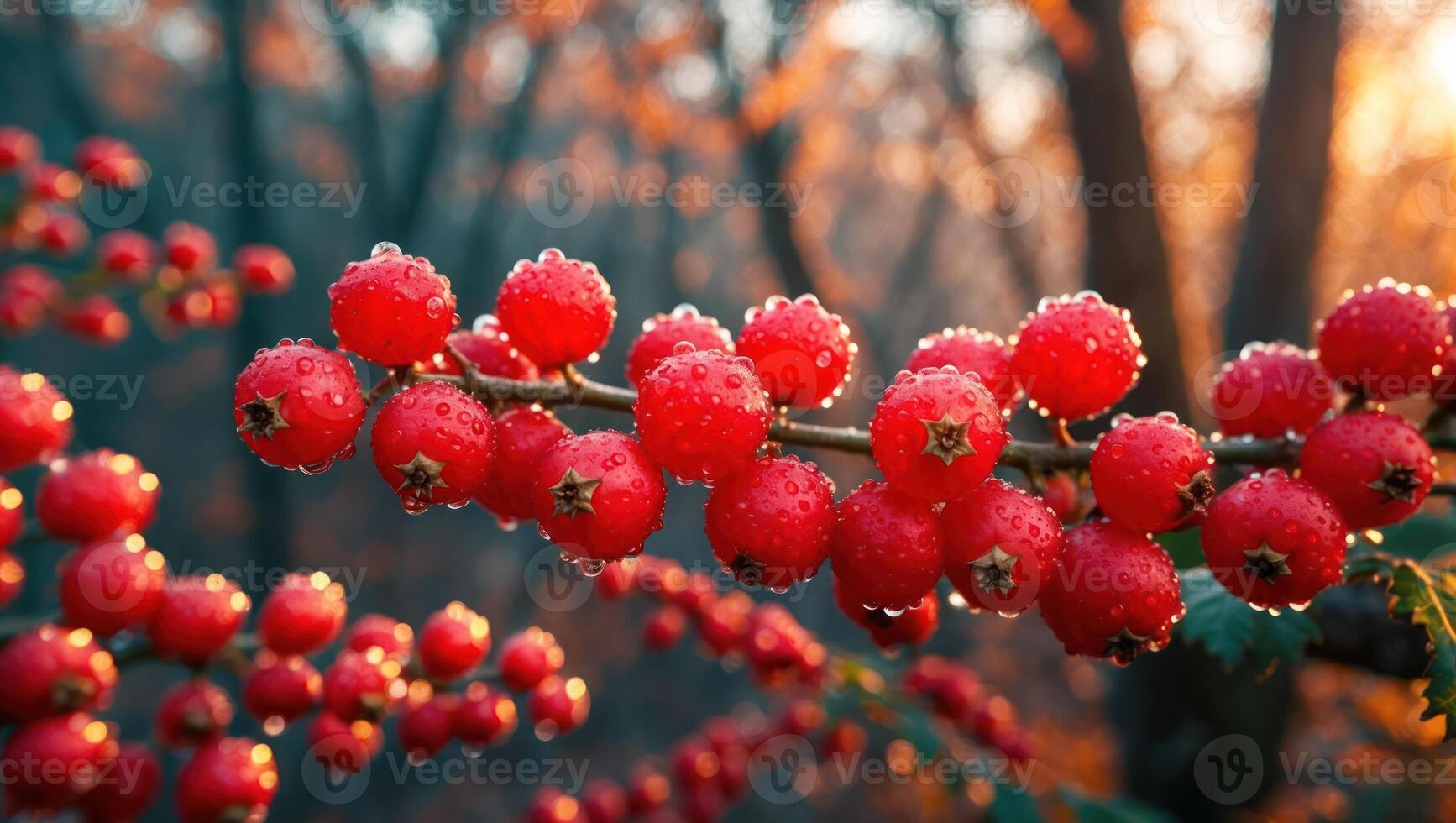 Red Berries on Branch with Water Droplets in Autumn Light photo