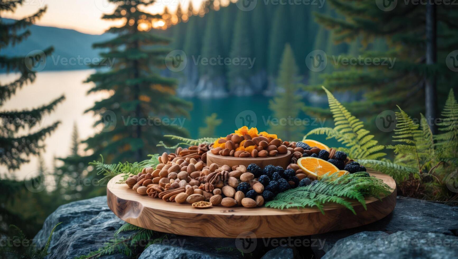 Assorted Nuts and Fruits Displayed Outdoors with Lake and Forest Background photo