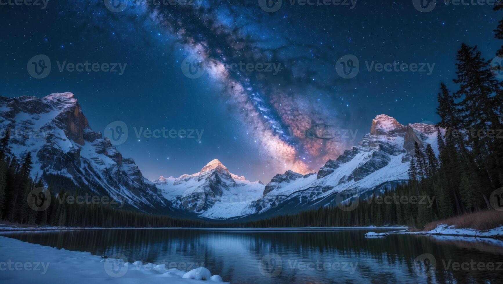 Milky Way Over Snowy Mountains Reflecting in Calm Lake at Night photo