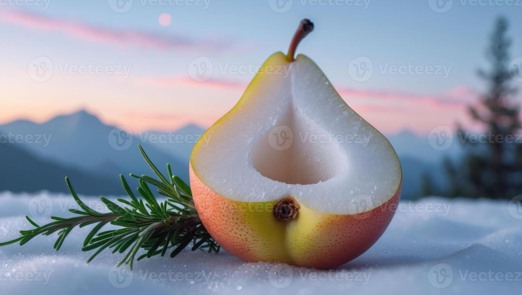 Sliced Pear with Rosemary on Snow at Dusk Mountain Backdrop photo