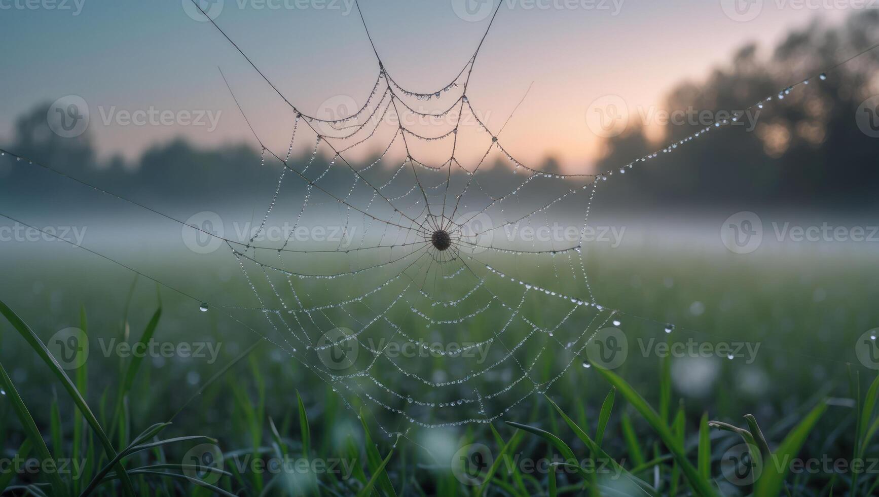 Spiderweb with Dew Drops on a Misty Morning in Grassy Field photo