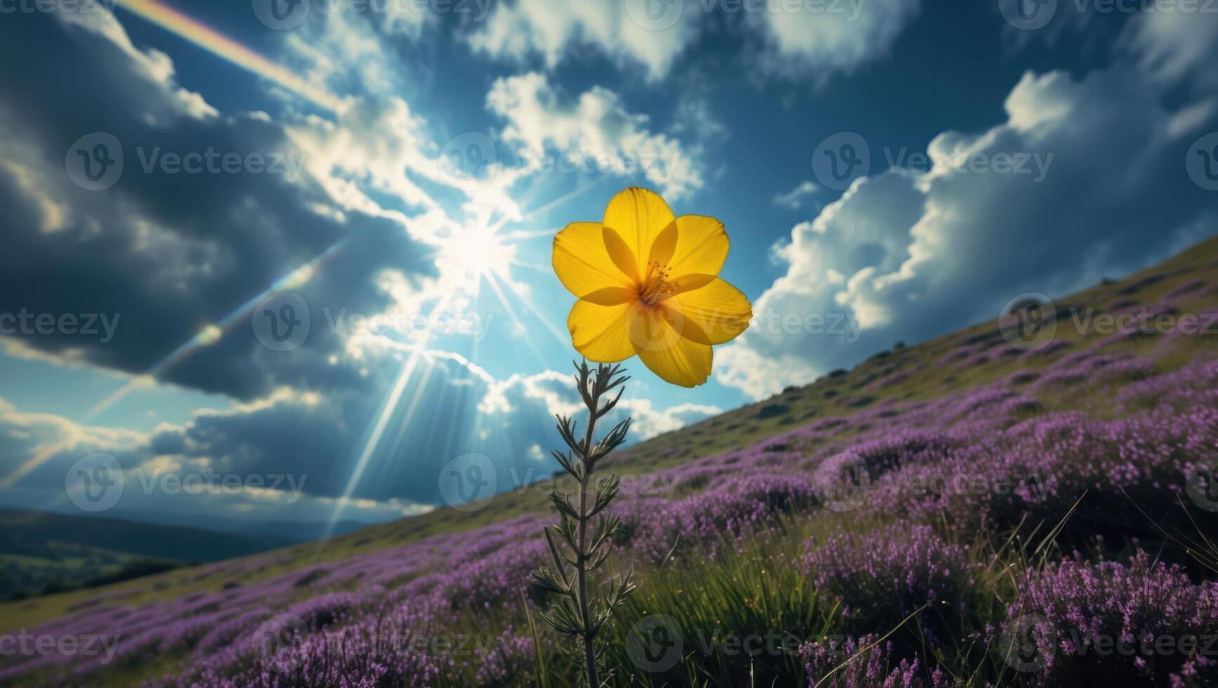 Yellow Flower Blooms on Hillside Under Sunlight and Cloudy Blue Sky photo