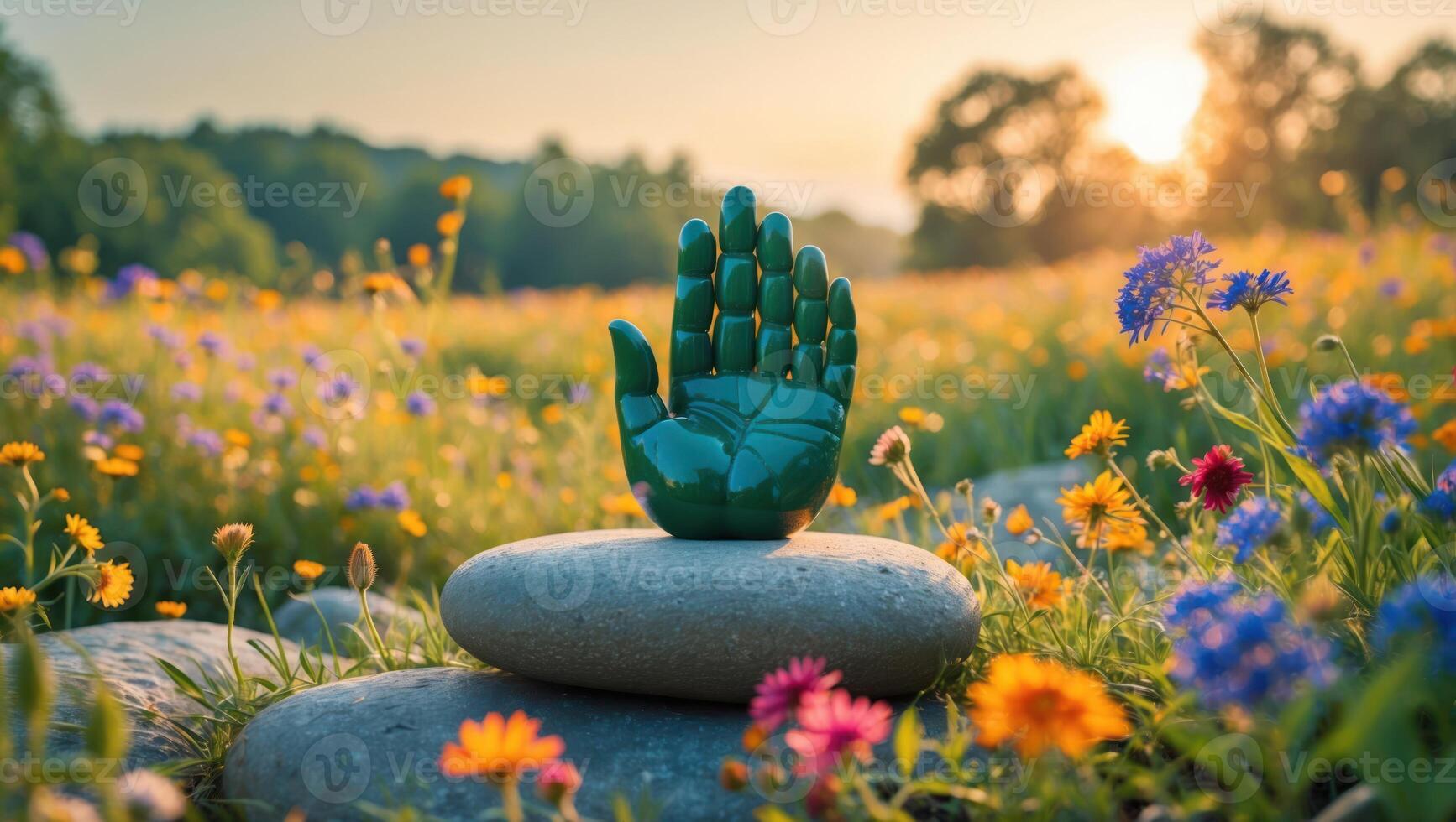 Green Hand Statue on Stones in Flower Field at Sunrise photo