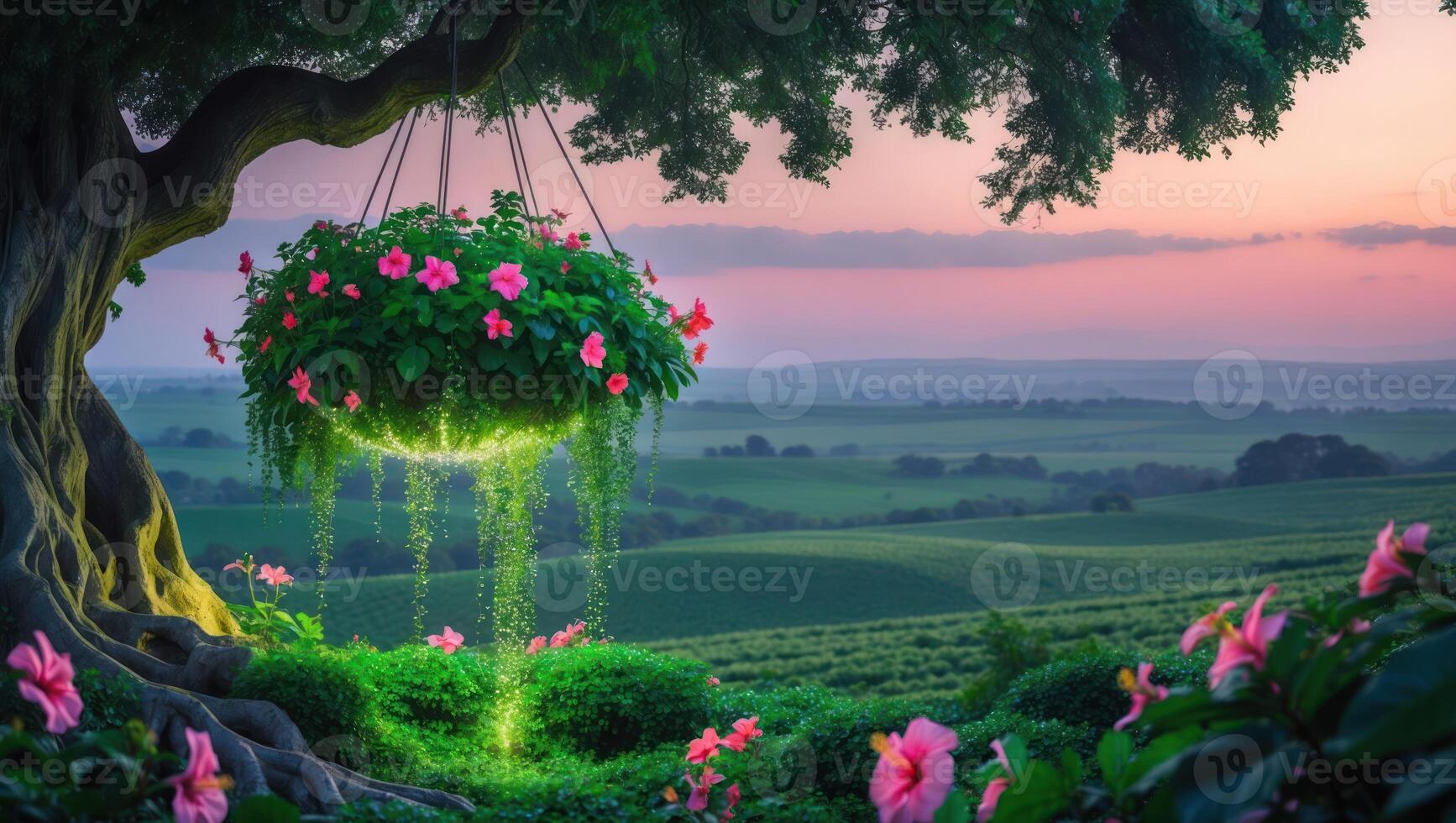 Hanging Flower Basket Blooms Under Tree with Field in Background photo
