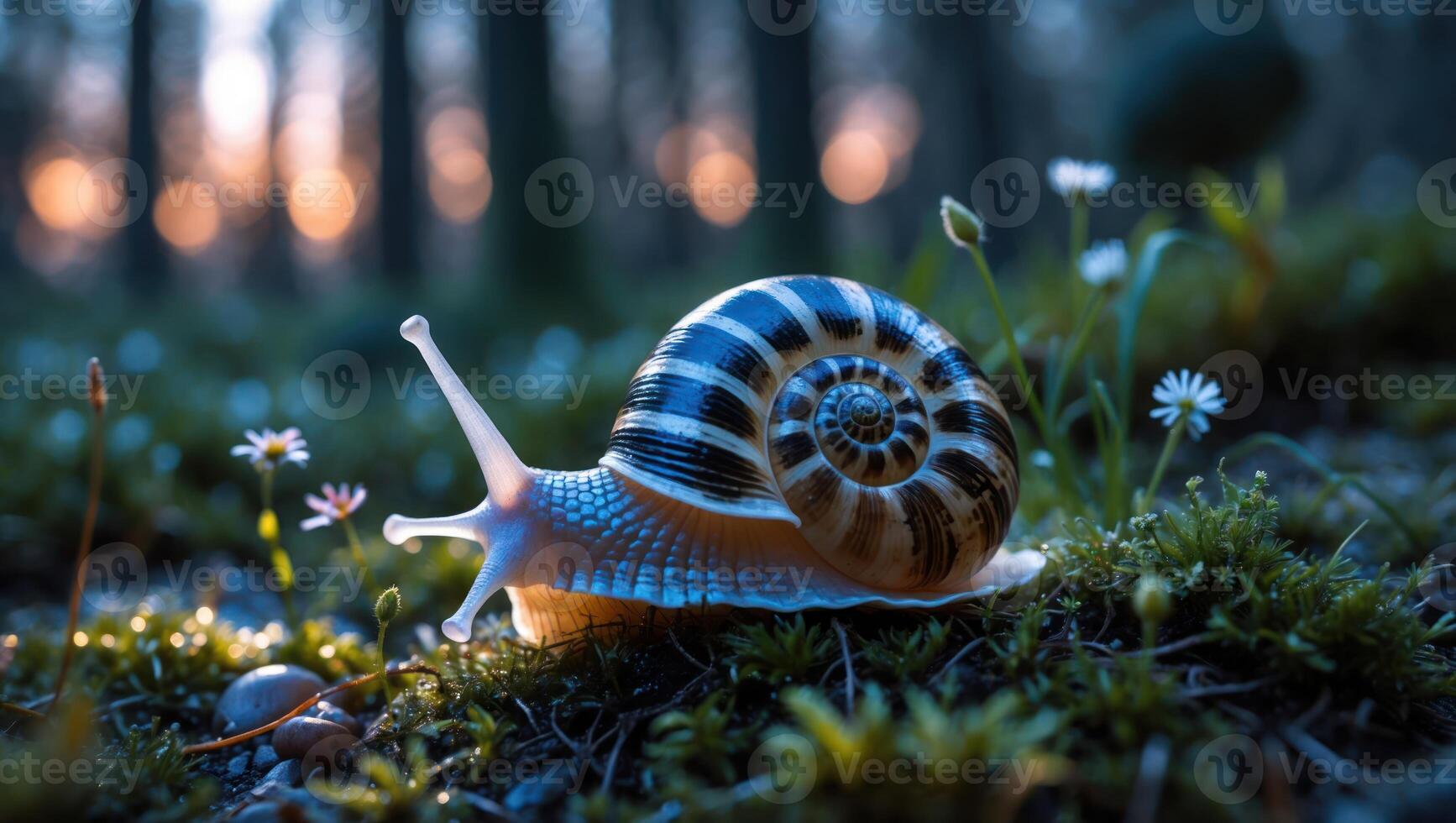 Snail Crawling Through Forest Moss with Evening Light Shining Through Trees photo