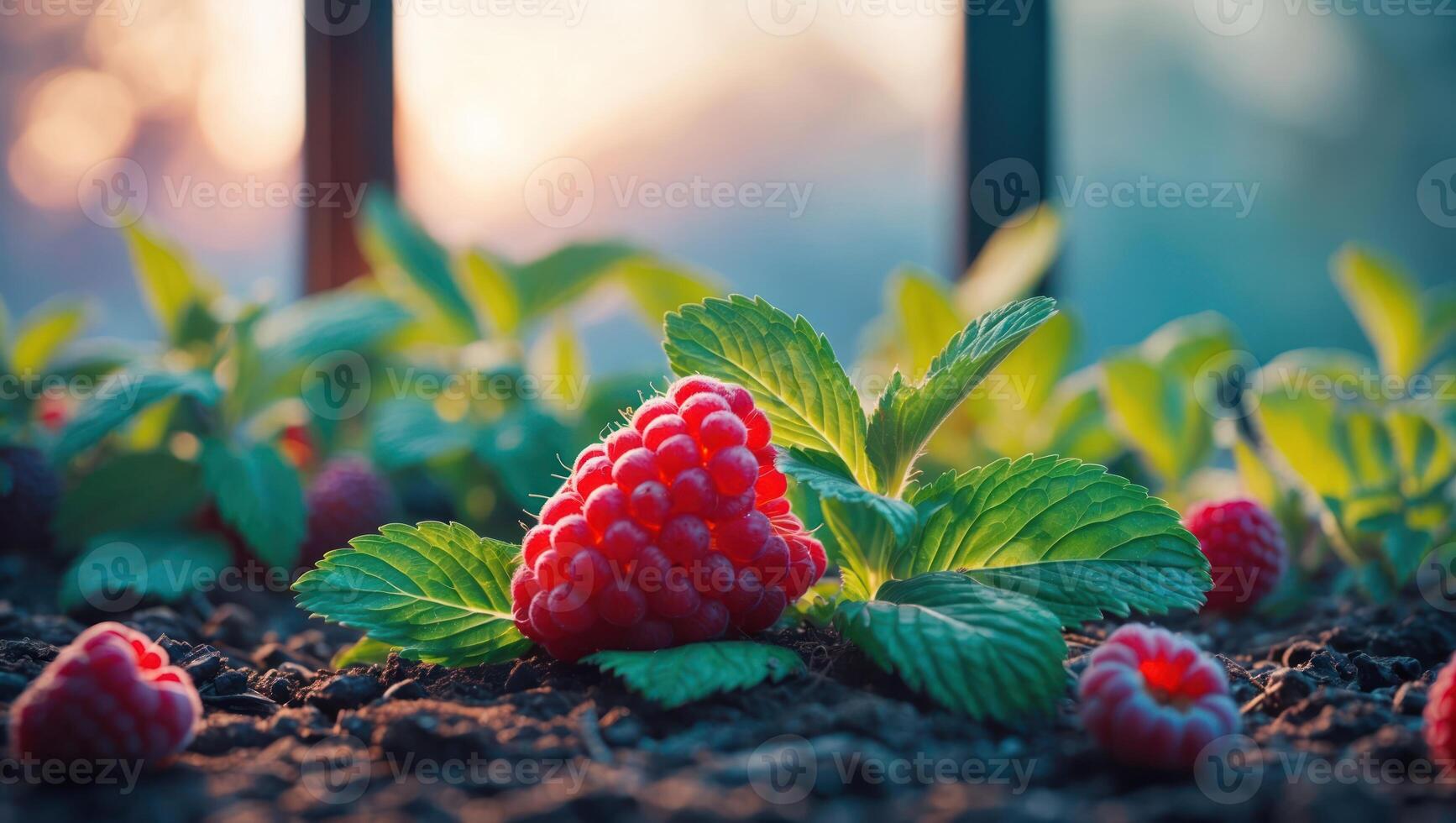 Raspberry Growing on Plant in Garden with Sunlit Background photo