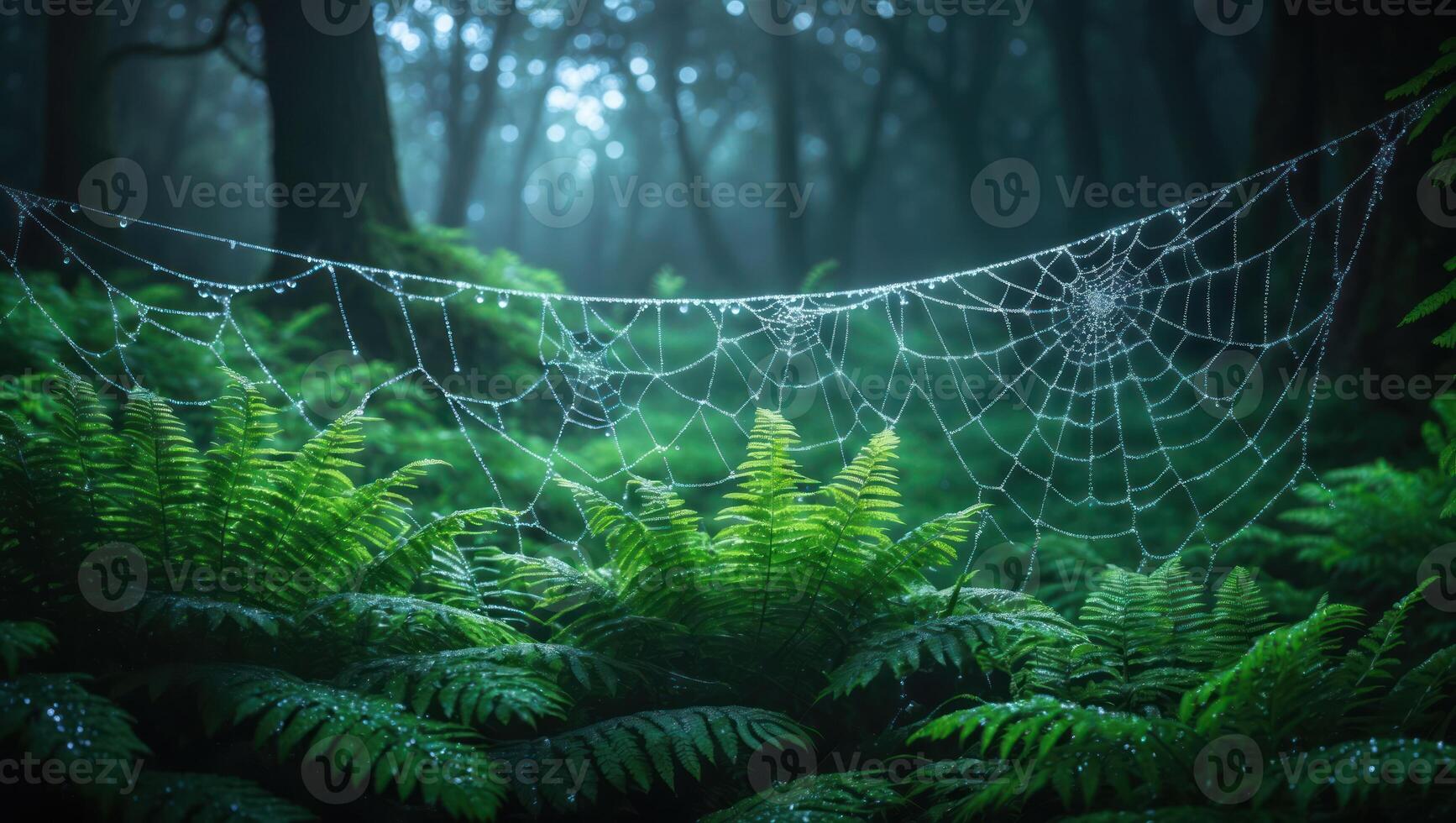 Spiderweb Shines with Dew in a Lush Fern Forest Scene photo